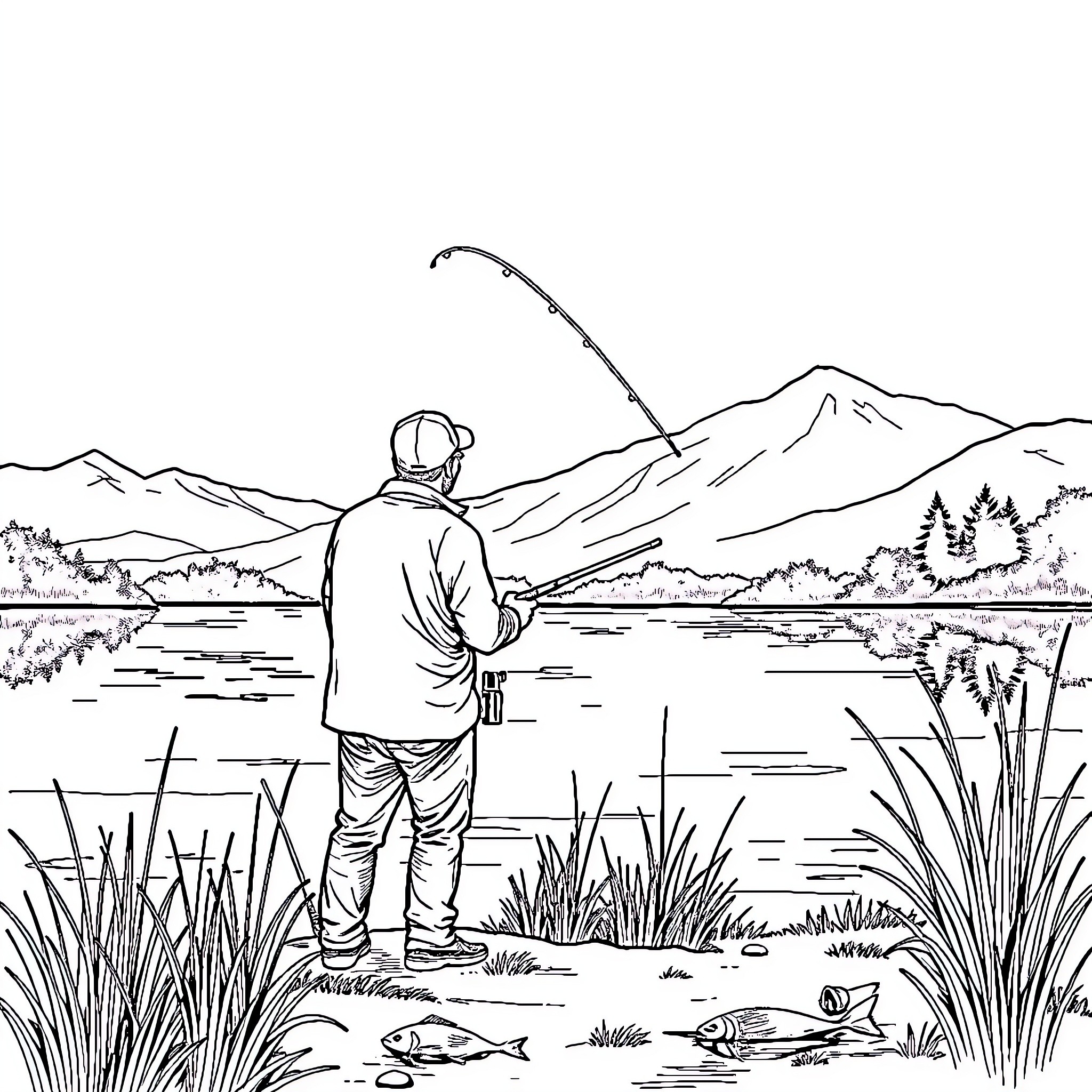 Fisherman casting line in serene mountain lake Coloring Page (free black-and-white line drawing printable PDF for all, from beginners to advanced learners, including children, teens, adults, and seniors)