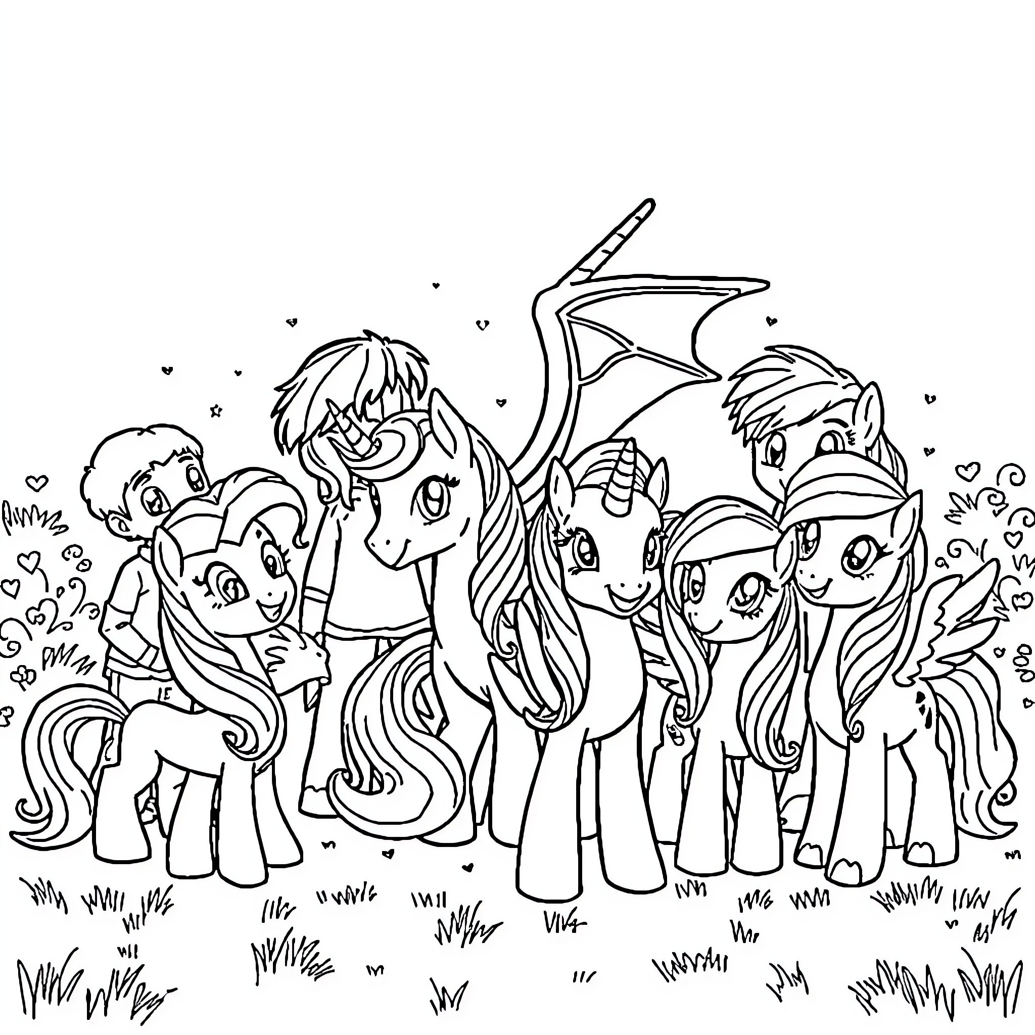 Pony friends gather for a lively adventure Coloring Page (free black-and-white line drawing printable PDF for all, from beginners to advanced learners, including children, teens, adults, and seniors)