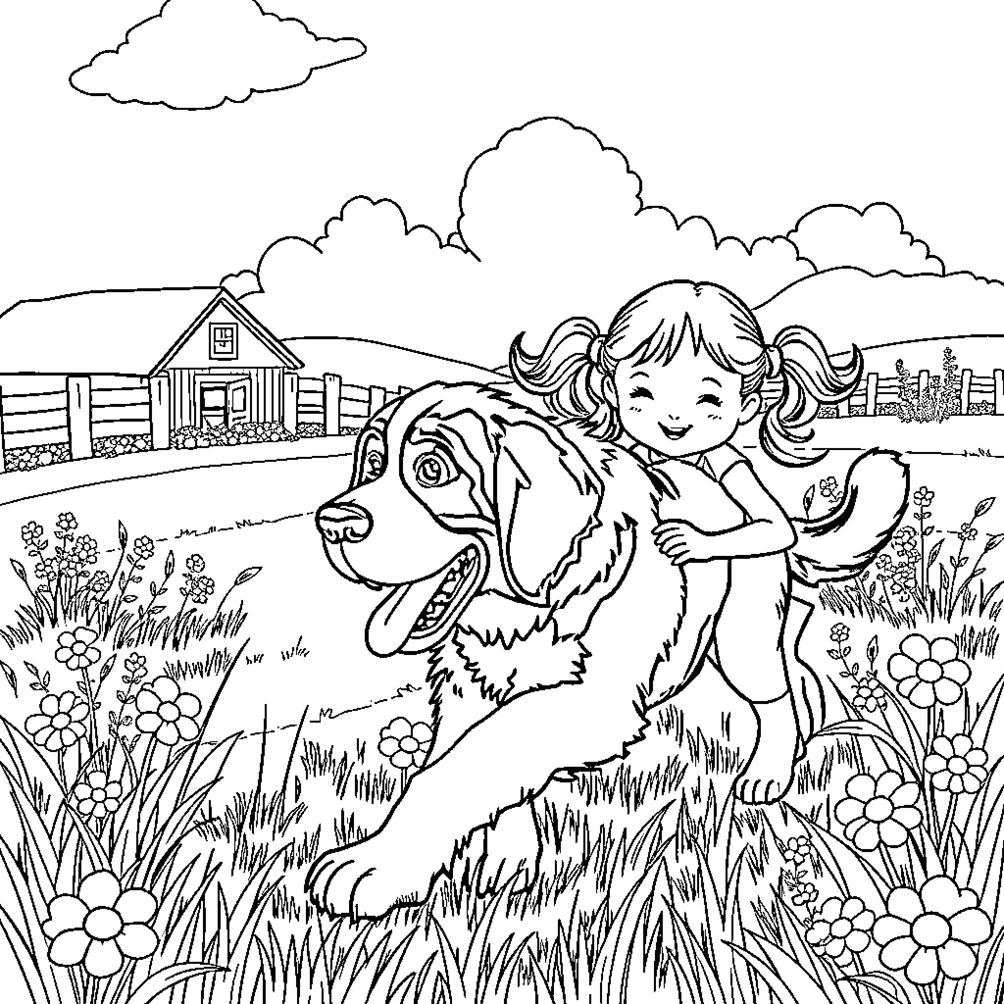 Saint Bernard playing joyfully with a girl in the countryside Coloring Page (free black-and-white line drawing printable PDF for all, from beginners to advanced learners, including children, teens, adults, and seniors)