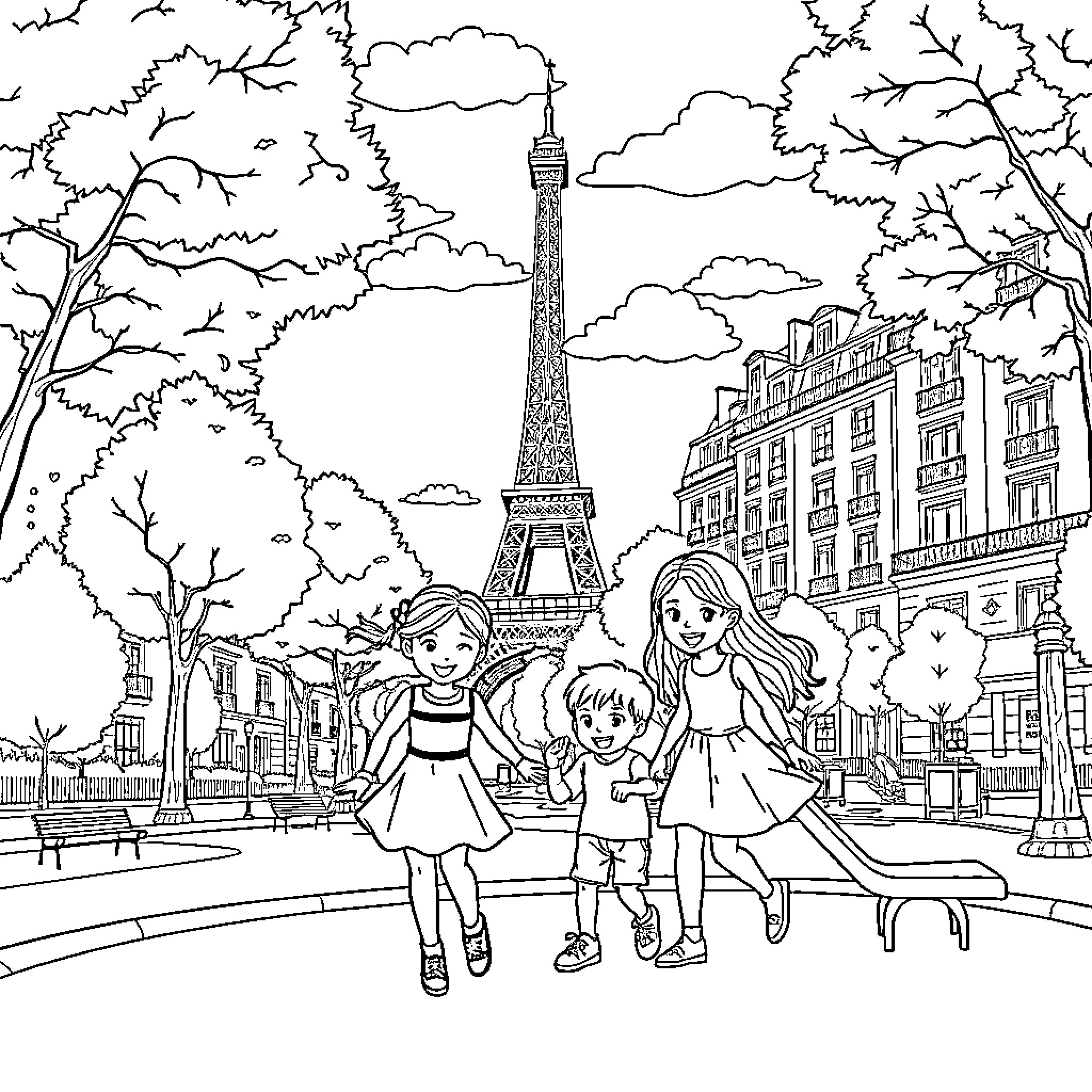 Siblings explore the Eiffel Tower in Paris Coloring Page (free black-and-white line drawing printable PDF for all, from beginners to advanced learners, including children, teens, adults, and seniors)