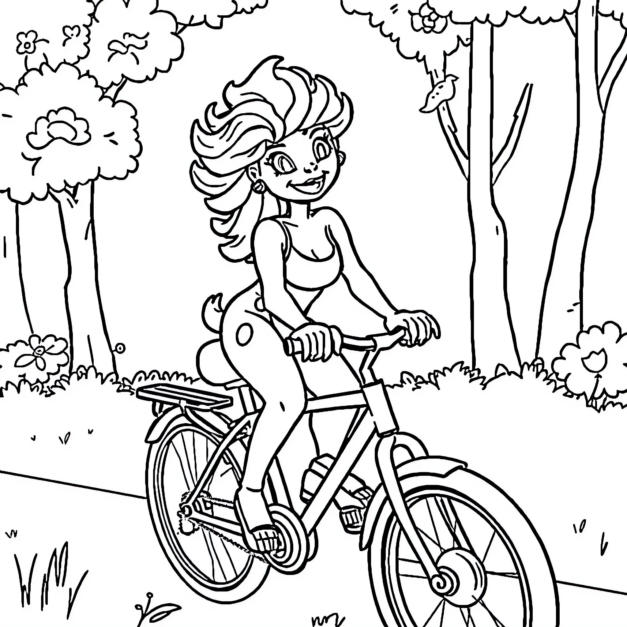 Bumba's Bicycle Adventure in the Forest Coloring Page (free black-and-white line drawing printable PDF for all, from beginners to advanced learners, including children, teens, adults, and seniors)
