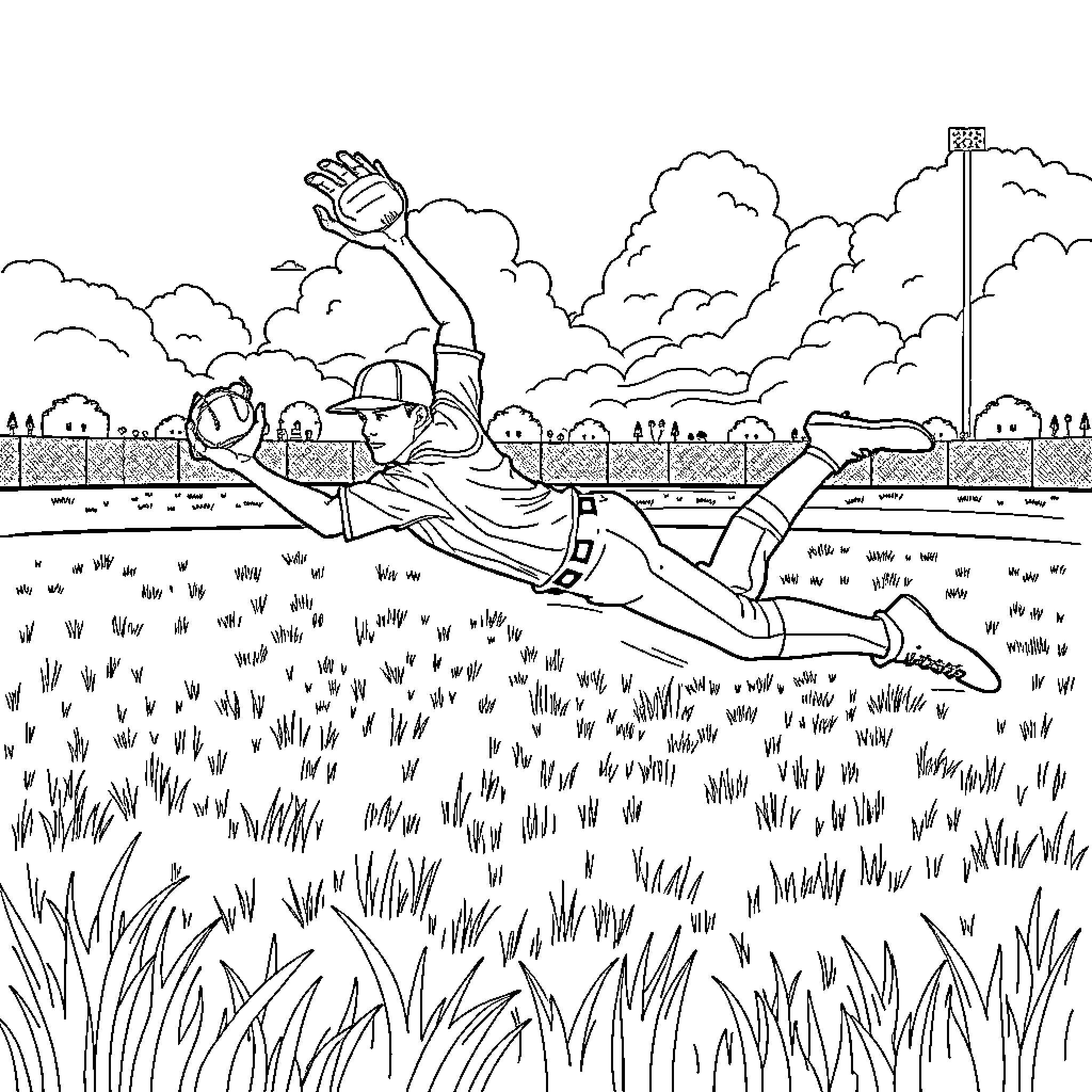 Baseball players sliding into base in the field Coloring Page (free black-and-white line drawing printable PDF for all, from beginners to advanced learners, including children, teens, adults, and seniors)