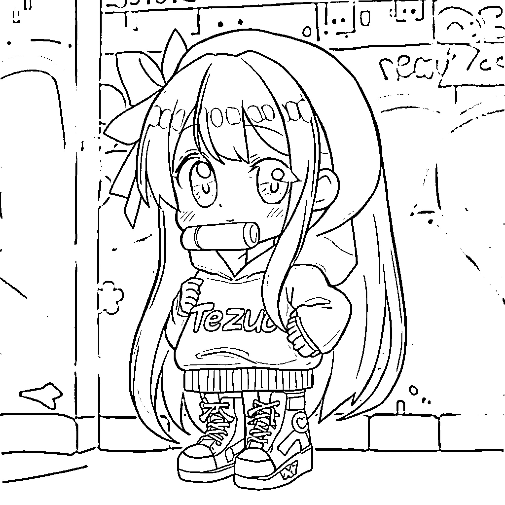 Anime Girl Holding a Microphone in a Whimsical Setting Coloring Page (free black-and-white line drawing printable PDF for all, from beginners to advanced learners, including children, teens, adults, and seniors)