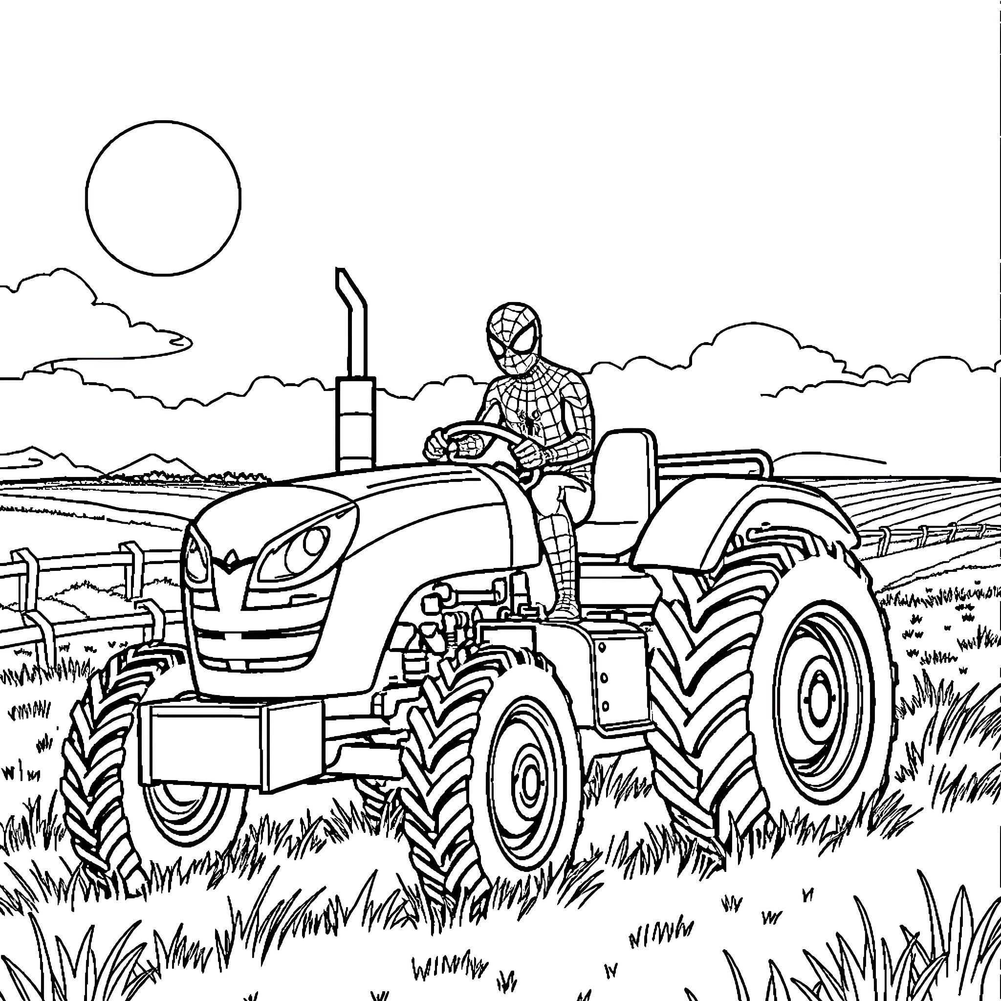 Spiderman driving a tractor in the countryside Coloring Page (free black-and-white line drawing printable PDF for all, from beginners to advanced learners, including children, teens, adults, and seniors)