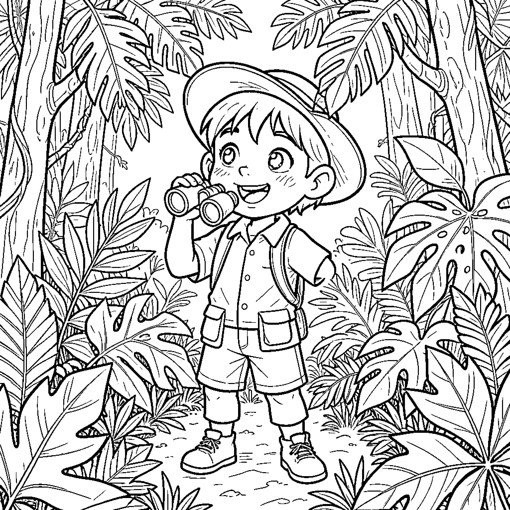 Child exploring the jungle with binoculars Coloring Page (free black-and-white line drawing printable PDF for all, from beginners to advanced learners, including children, teens, adults, and seniors)