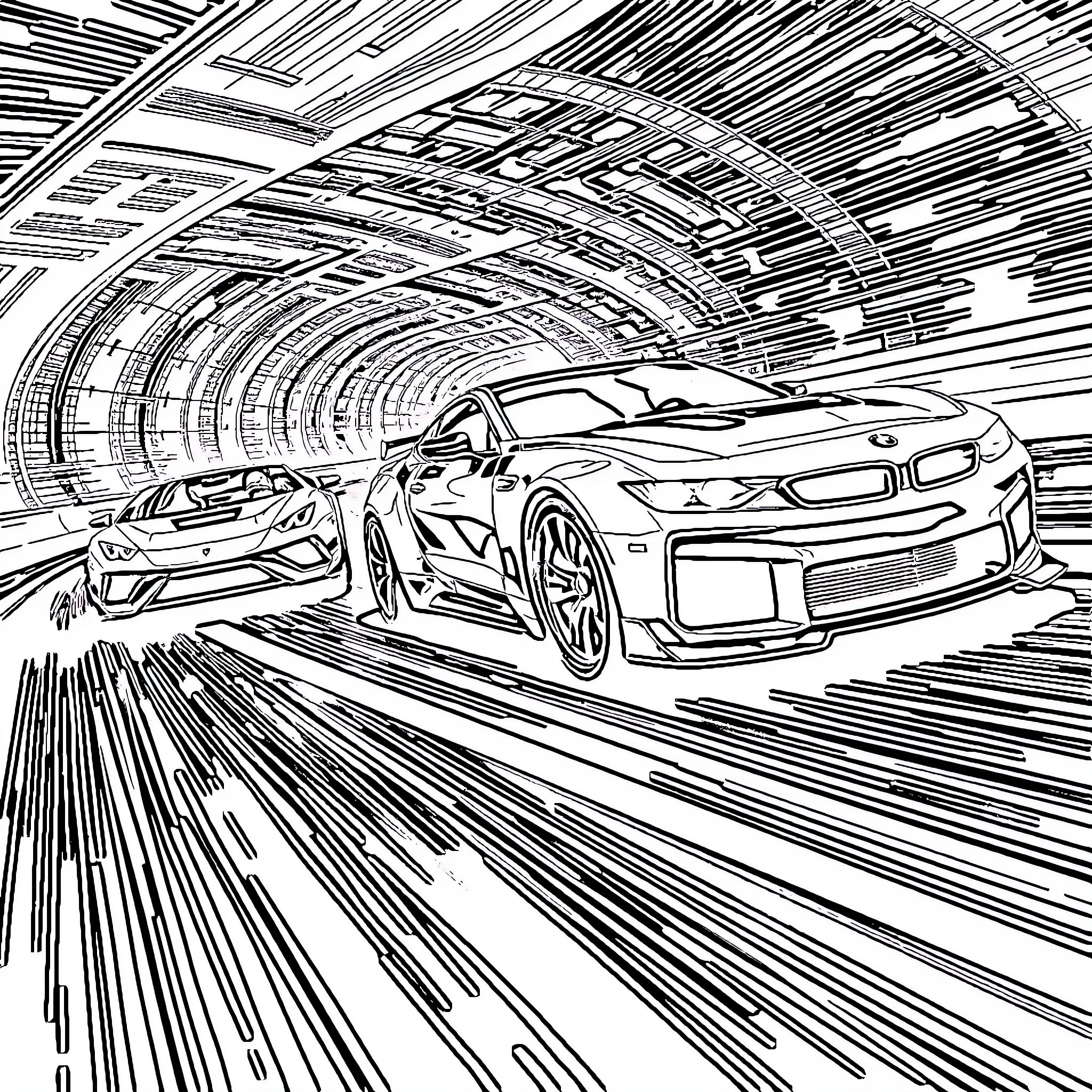 Fast and Furious Cars speeding through futuristic tunnel Coloring Page (free black-and-white line drawing printable PDF for all, from beginners to advanced learners, including children, teens, adults, and seniors)