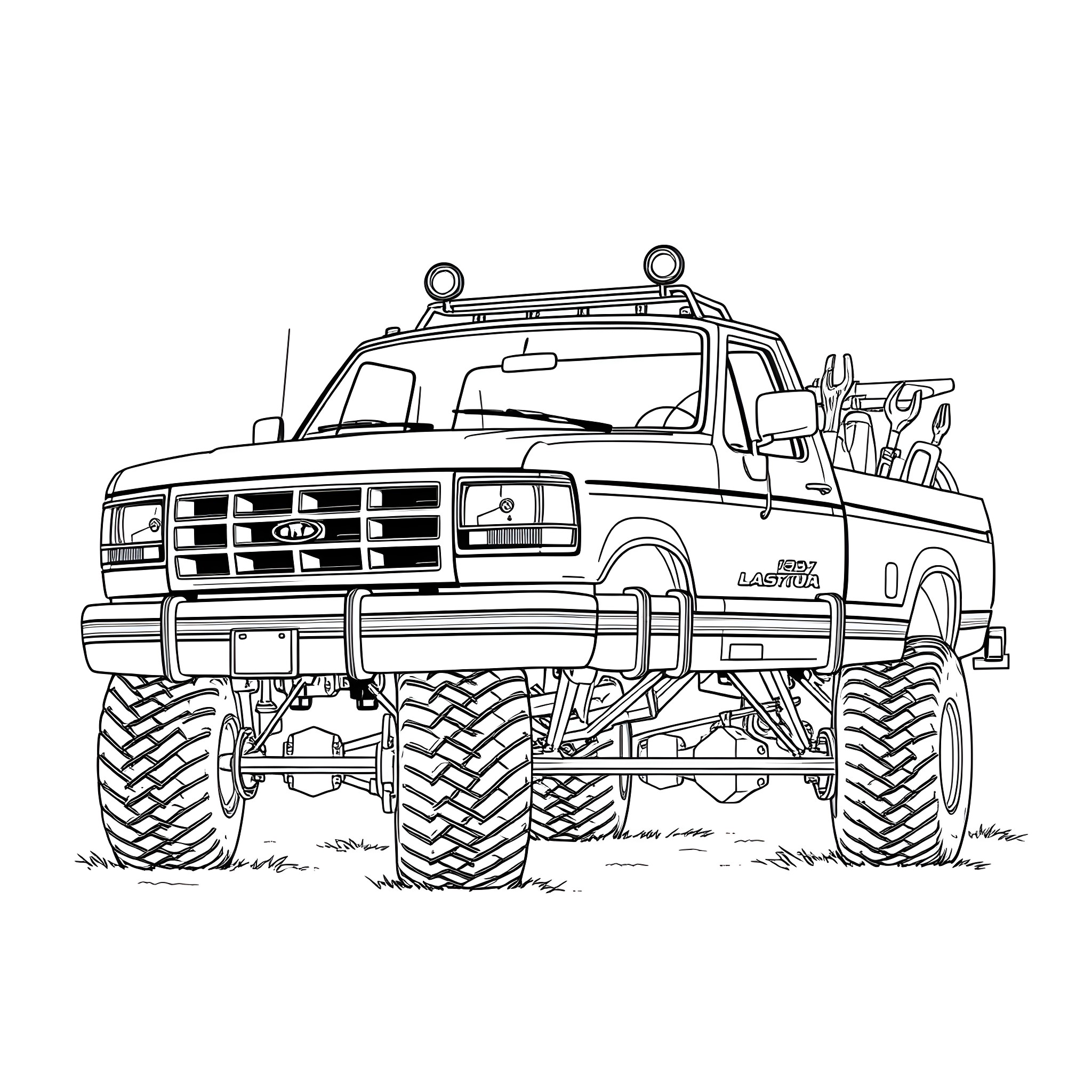 Truck with large off-road tires driving on terrain Coloring Page (free black-and-white line drawing printable PDF for all, from beginners to advanced learners, including children, teens, adults, and seniors)