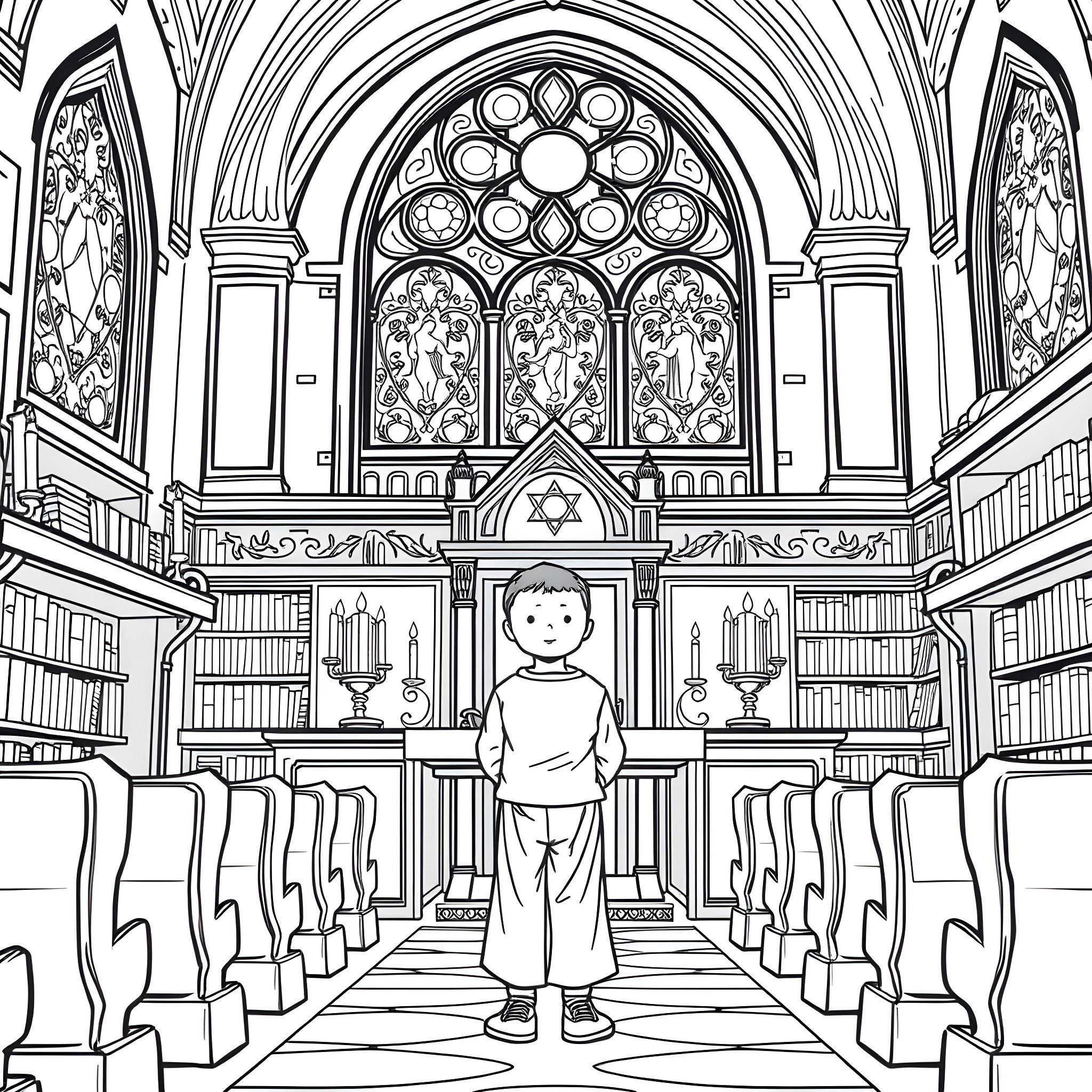 Boy in a grand, ornate religious building Coloring Page (free black-and-white line drawing printable PDF for all, from beginners to advanced learners, including children, teens, adults, and seniors)