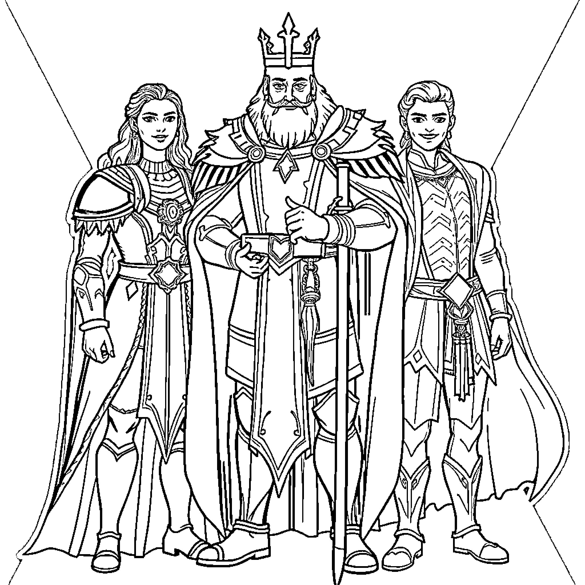 A Court of Thorns and Roses: Nobles in Ornate Regalia Coloring Page (free black-and-white line drawing printable PDF for all, from beginners to advanced learners, including children, teens, adults, and seniors)
