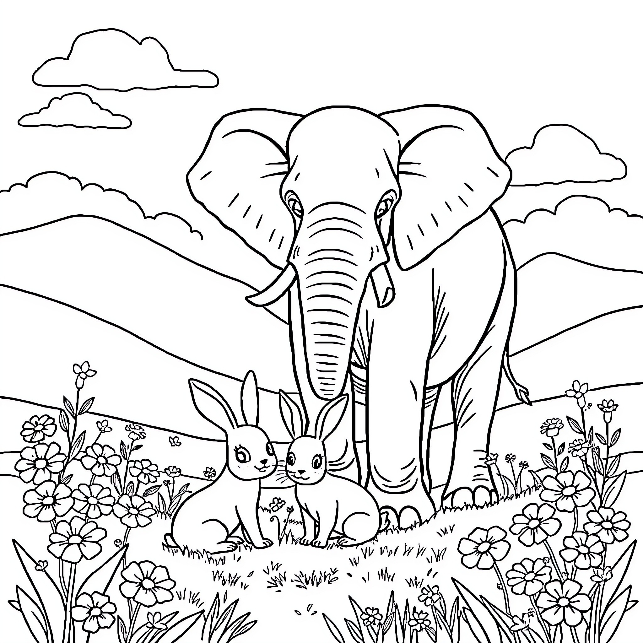 Elephant enjoying the scenic landscape with rabbits Coloring Page (free black-and-white line drawing printable PDF for all, from beginners to advanced learners, including children, teens, adults, and seniors)