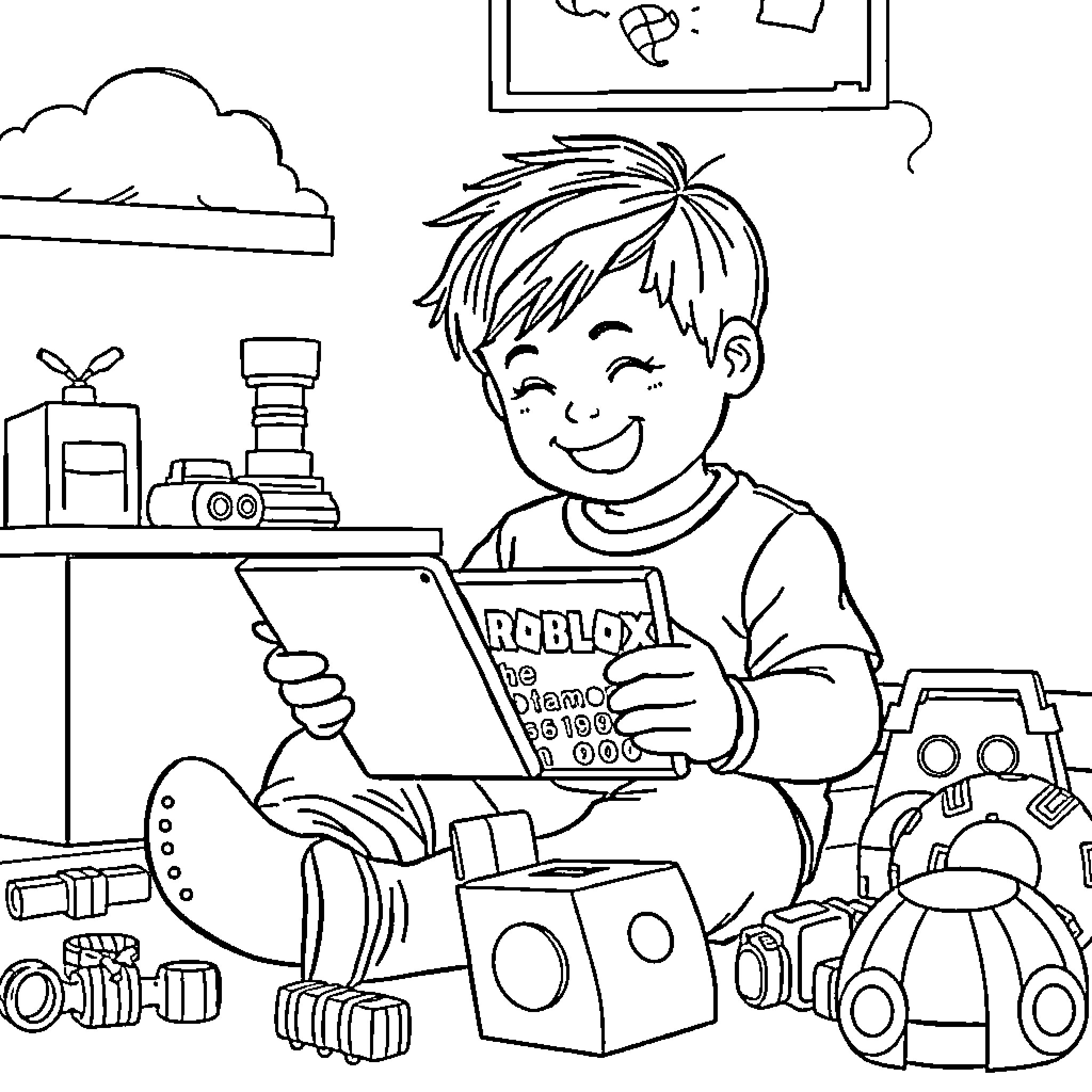 Child playing with toys in his room Coloring Page (free black-and-white line drawing printable PDF for all, from beginners to advanced learners, including children, teens, adults, and seniors)