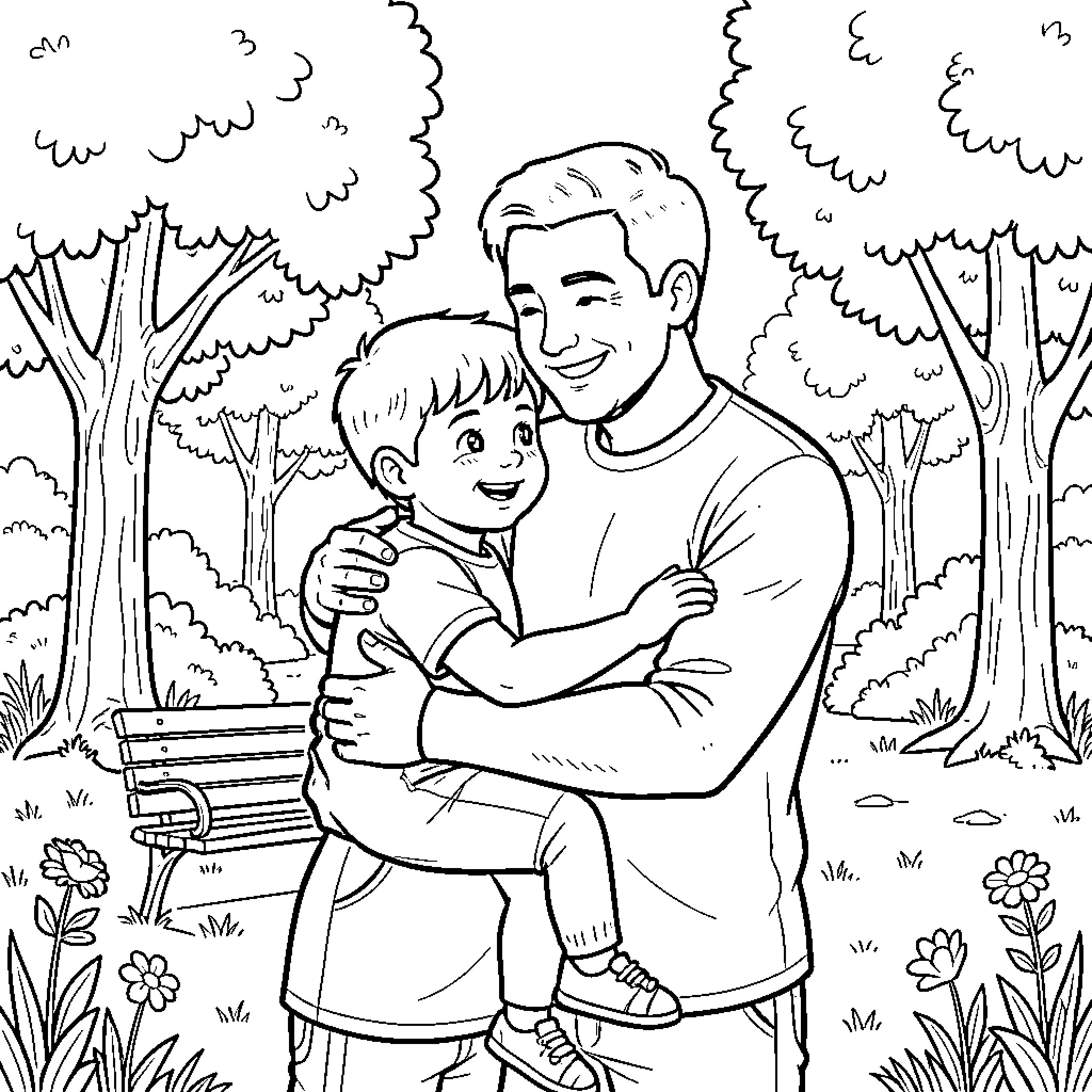 Father and Son hugging joyfully in a park Coloring Page (free black-and-white line drawing printable PDF for all, from beginners to advanced learners, including children, teens, adults, and seniors)