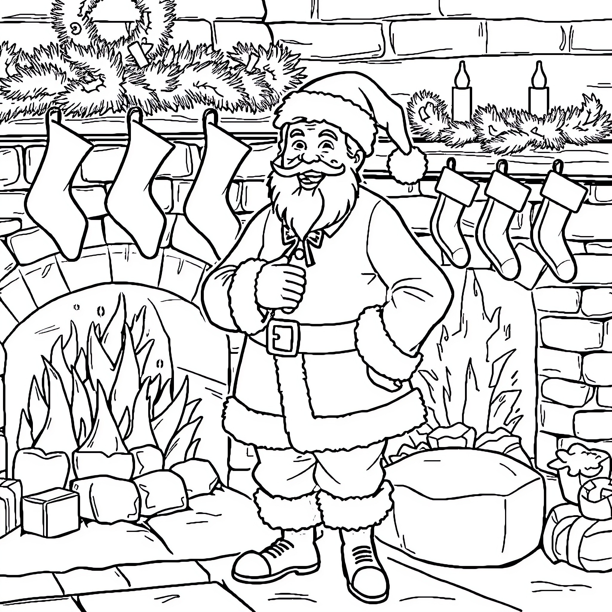 Colonel Sanders Celebrates Christmas by the Fireplace Coloring Page (free black-and-white line drawing printable PDF for all, from beginners to advanced learners, including children, teens, adults, and seniors)