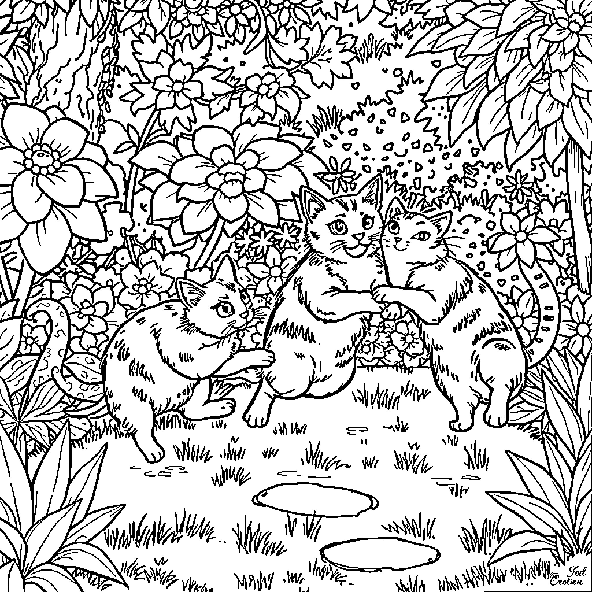Cats in a Lush Floral Garden Coloring Page (free black-and-white line drawing printable PDF for all, from beginners to advanced learners, including children, teens, adults, and seniors)
