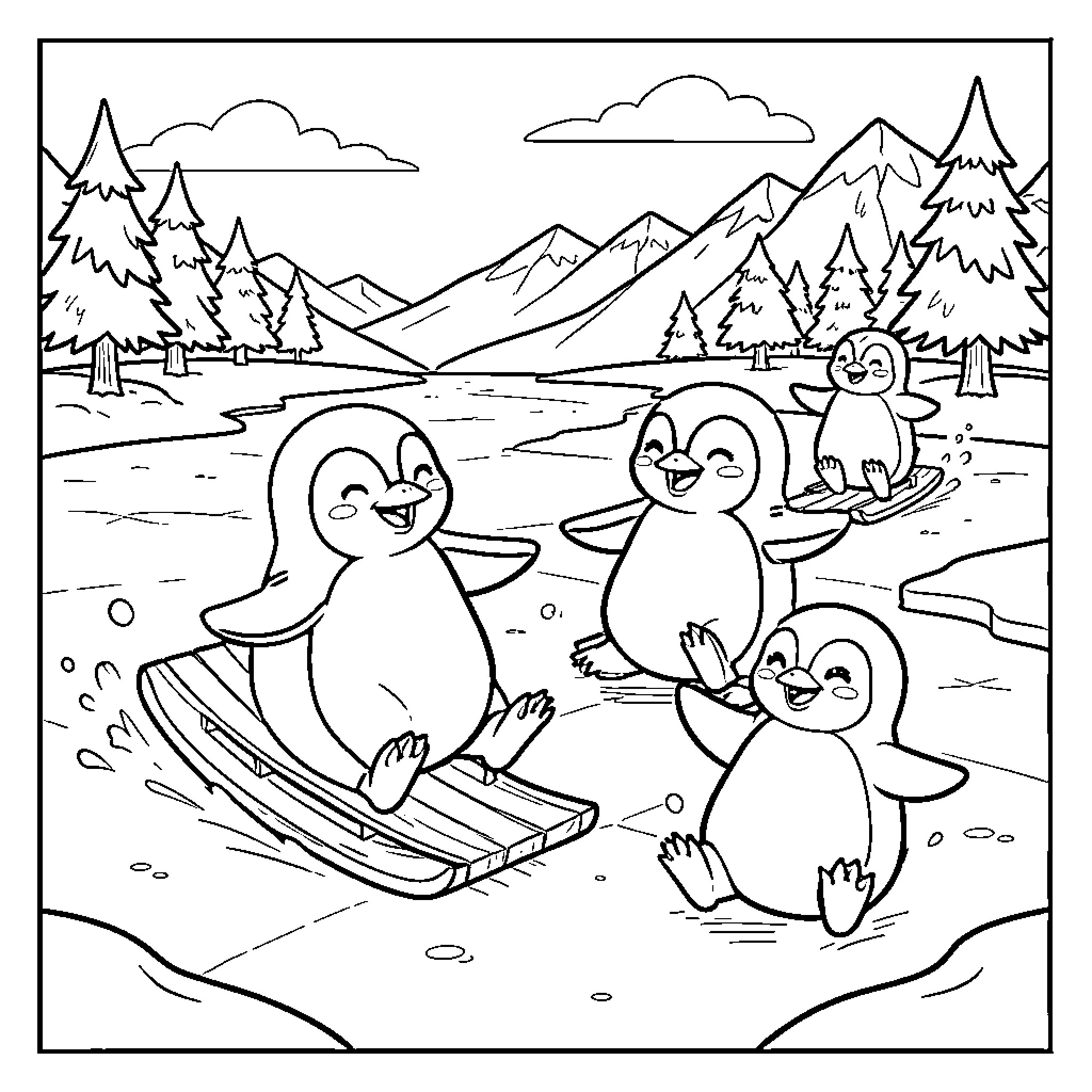 Penguins sliding and playing joyfully on the snow Coloring Page (free black-and-white line drawing printable PDF for all, from beginners to advanced learners, including children, teens, adults, and seniors)