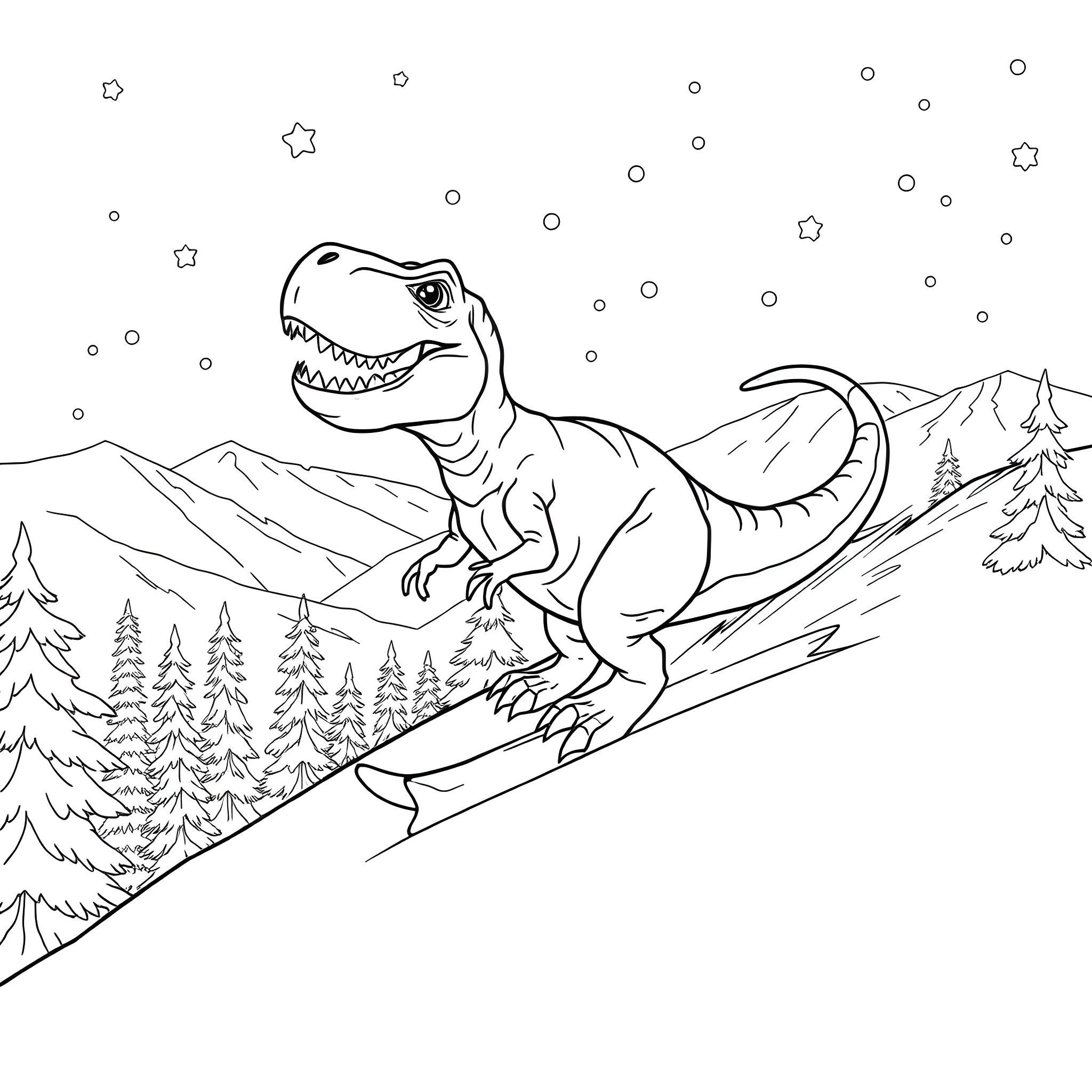 T-Rex Snowboarding through Winter Wonderland Coloring Page (free black-and-white line drawing printable PDF for all, from beginners to advanced learners, including children, teens, adults, and seniors)