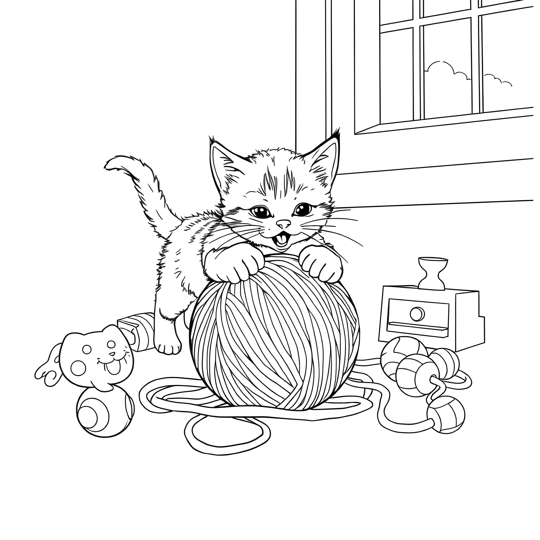 Cat playing with yarn and toys indoors Coloring Page (free black-and-white line drawing printable PDF for all, from beginners to advanced learners, including children, teens, adults, and seniors)