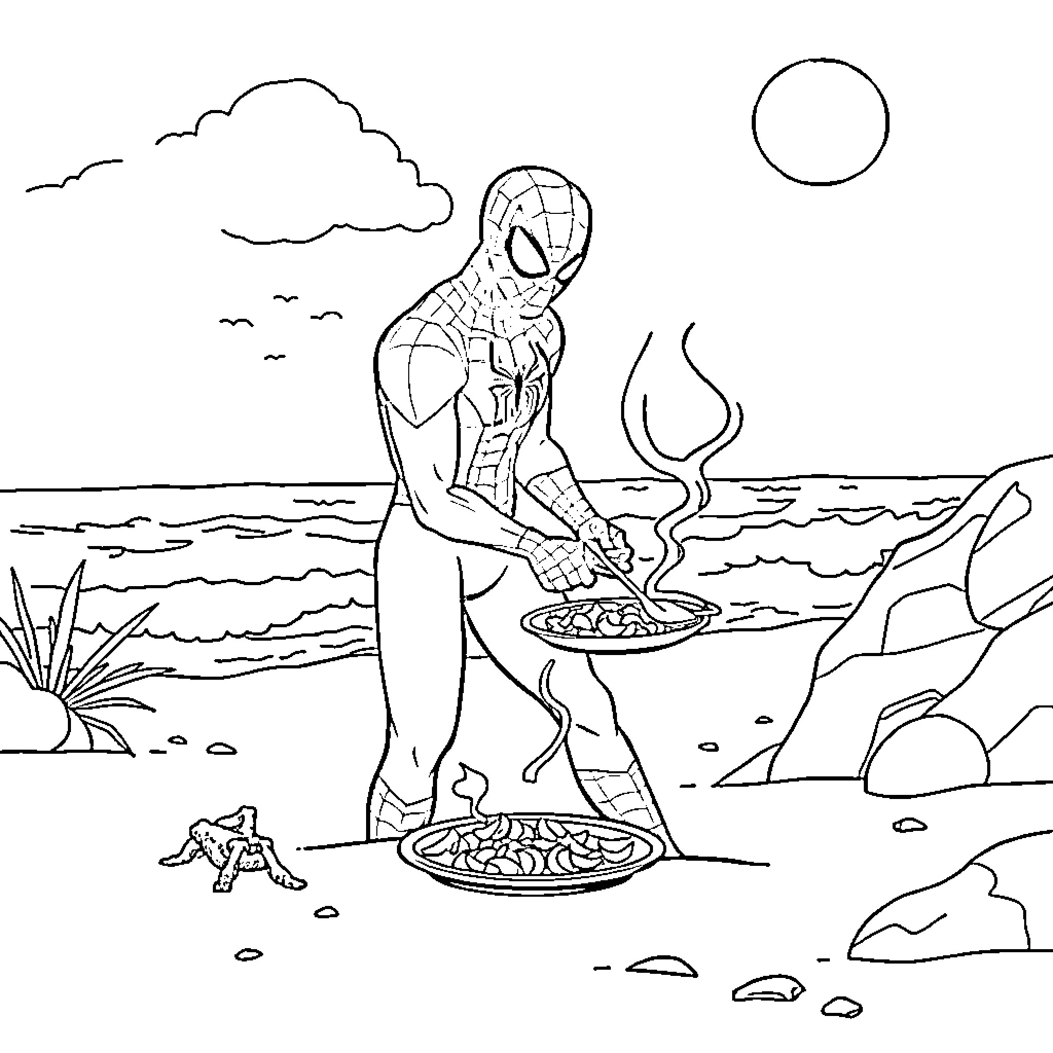 Spiderman cooking outdoors by the sea Coloring Page (free black-and-white line drawing printable PDF for all, from beginners to advanced learners, including children, teens, adults, and seniors)