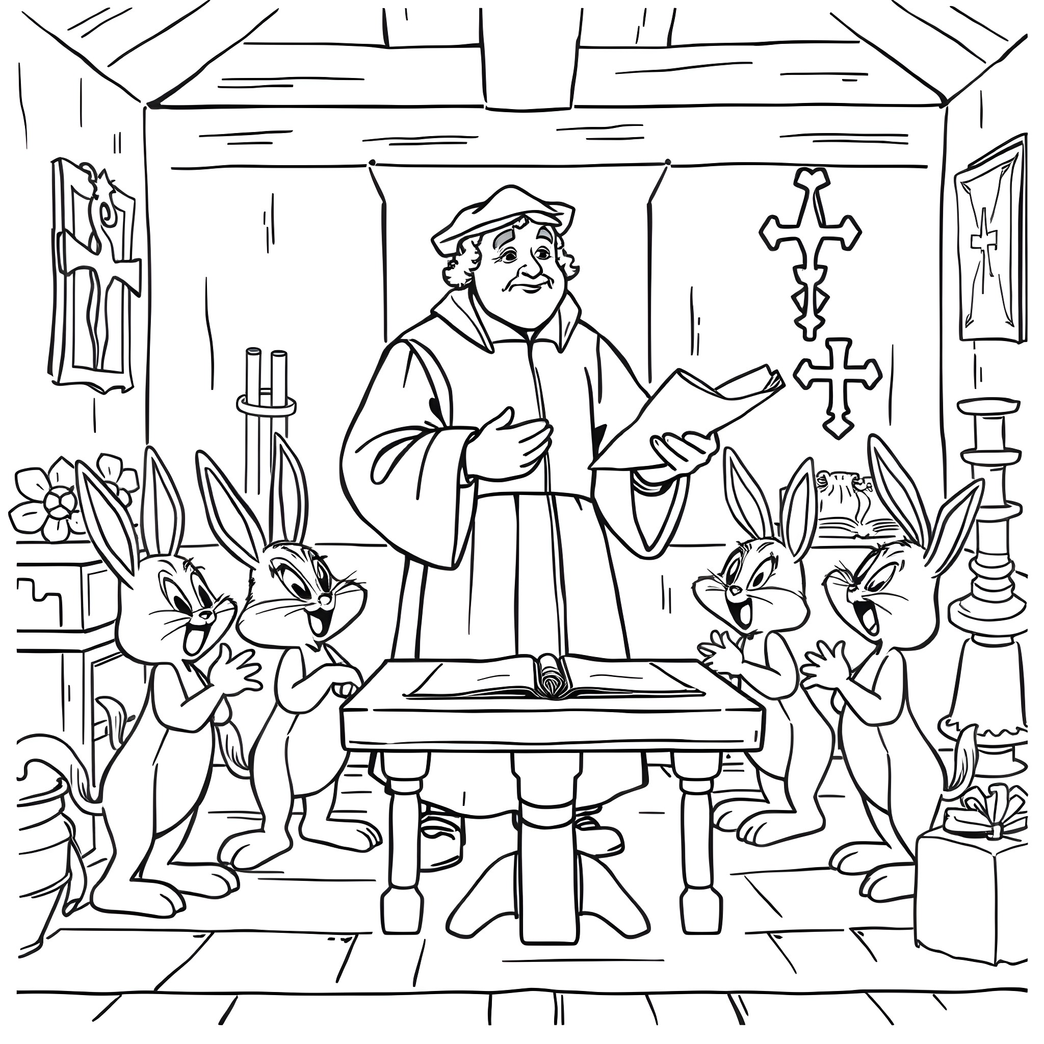 Martin Luther Preaching to Rabbits in Church Coloring Page (free black-and-white line drawing printable PDF for all, from beginners to advanced learners, including children, teens, adults, and seniors)