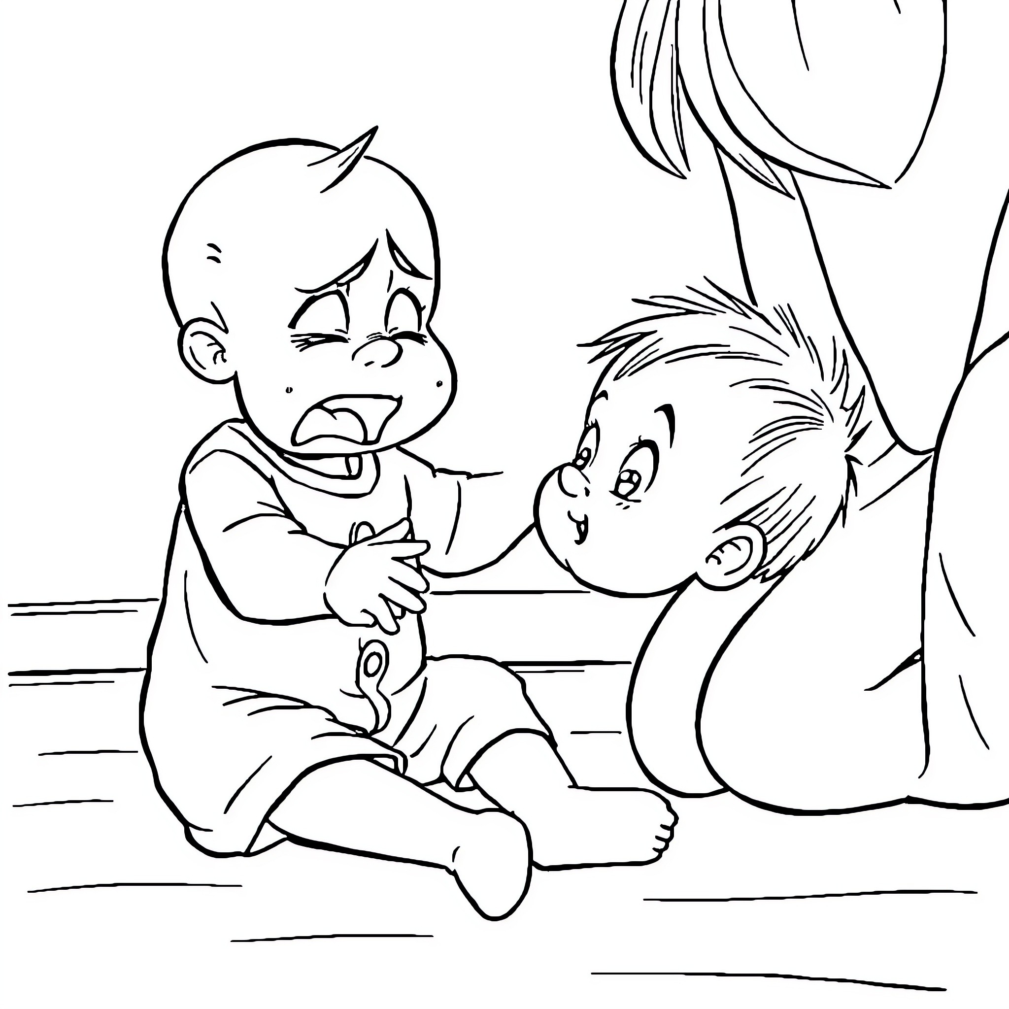 Baby siblings playing happily together Coloring Page (free black-and-white line drawing printable PDF for all, from beginners to advanced learners, including children, teens, adults, and seniors)