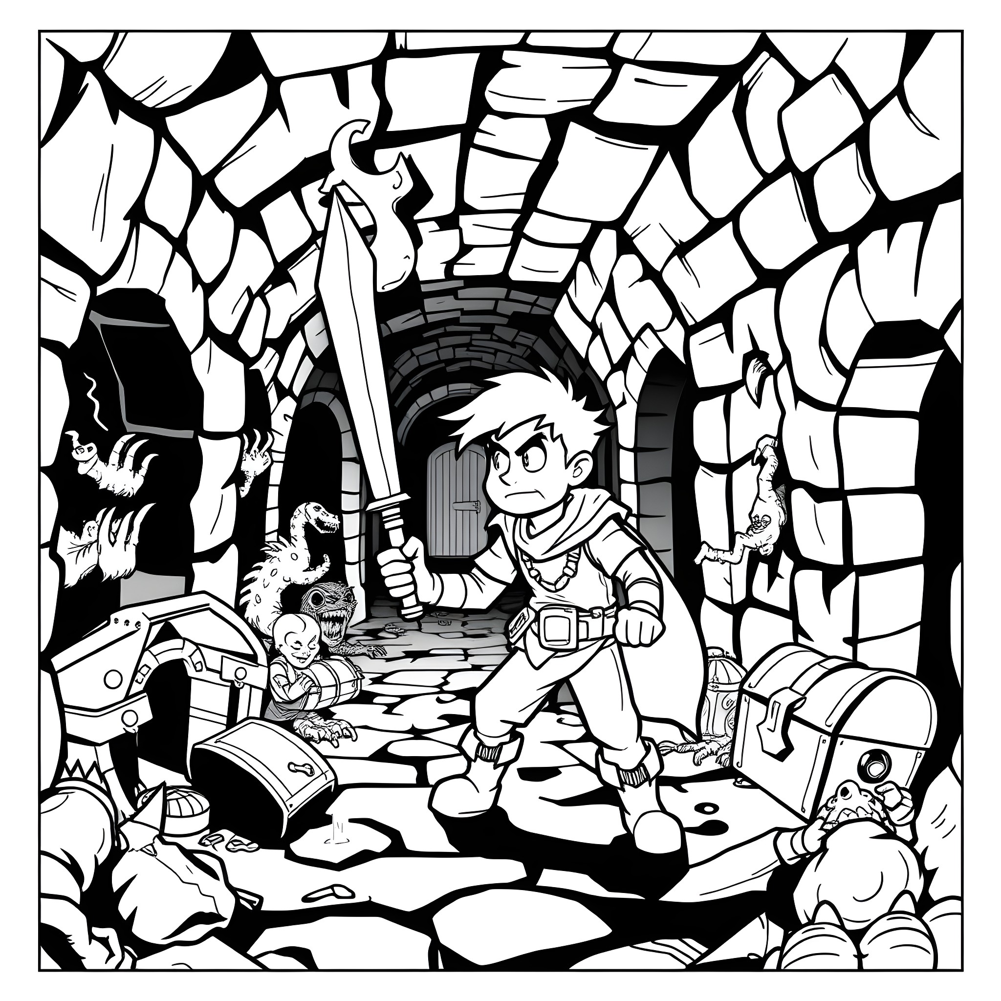 Dungeon Crawler Carl Explores the Mysterious Cavern Coloring Page (free black-and-white line drawing printable PDF for all, from beginners to advanced learners, including children, teens, adults, and seniors)