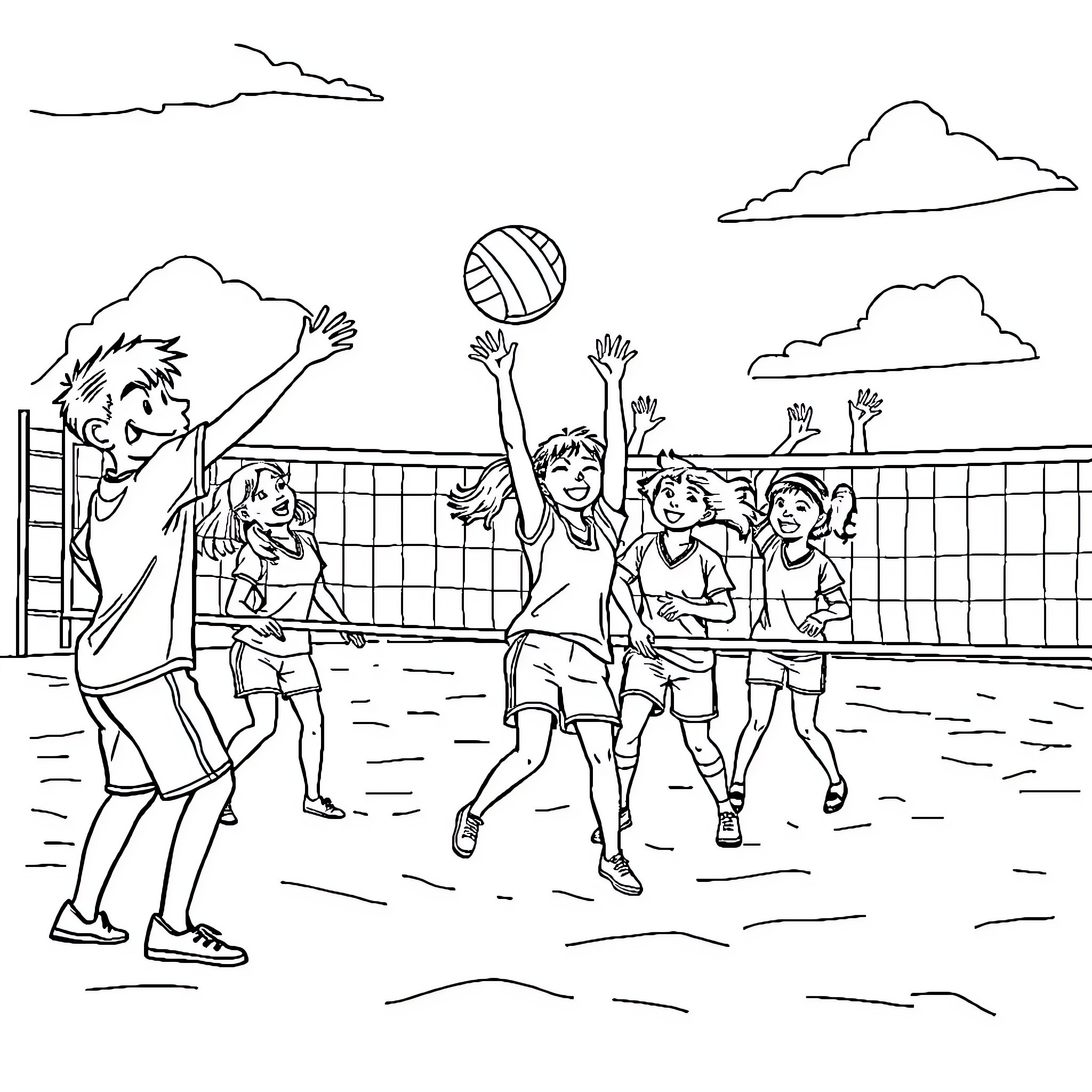Students playing volleyball outdoors on the beach Coloring Page (free black-and-white line drawing printable PDF for all, from beginners to advanced learners, including children, teens, adults, and seniors)