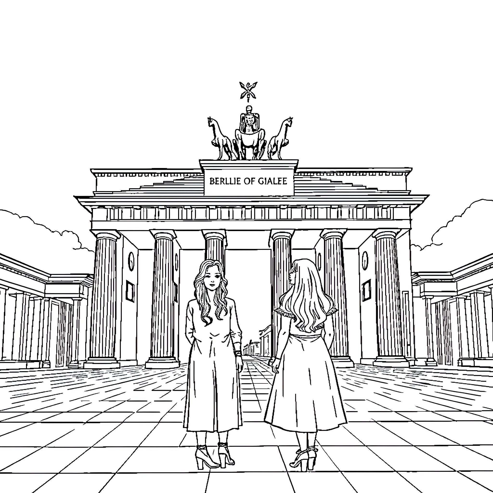 Girls posing in front of grand architectural structure Coloring Page (free black-and-white line drawing printable PDF for all, from beginners to advanced learners, including children, teens, adults, and seniors)
