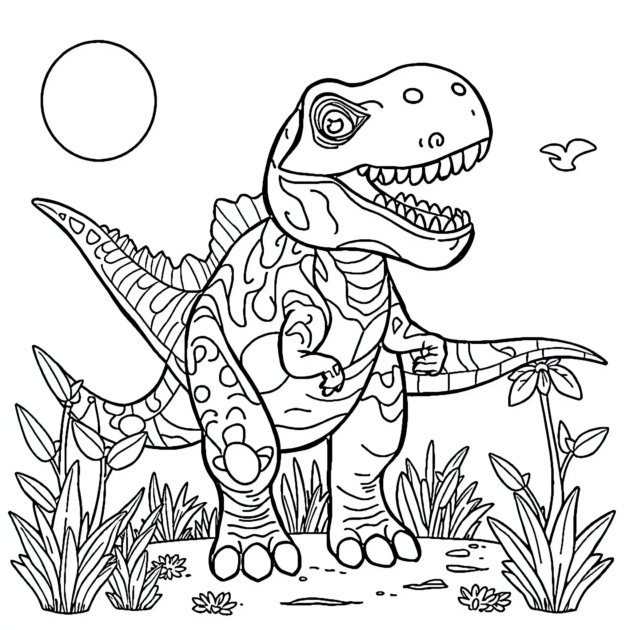 Dinosaur exploring colorful nature and foliage Coloring Page (free black-and-white line drawing printable PDF for all, from beginners to advanced learners, including children, teens, adults, and seniors)
