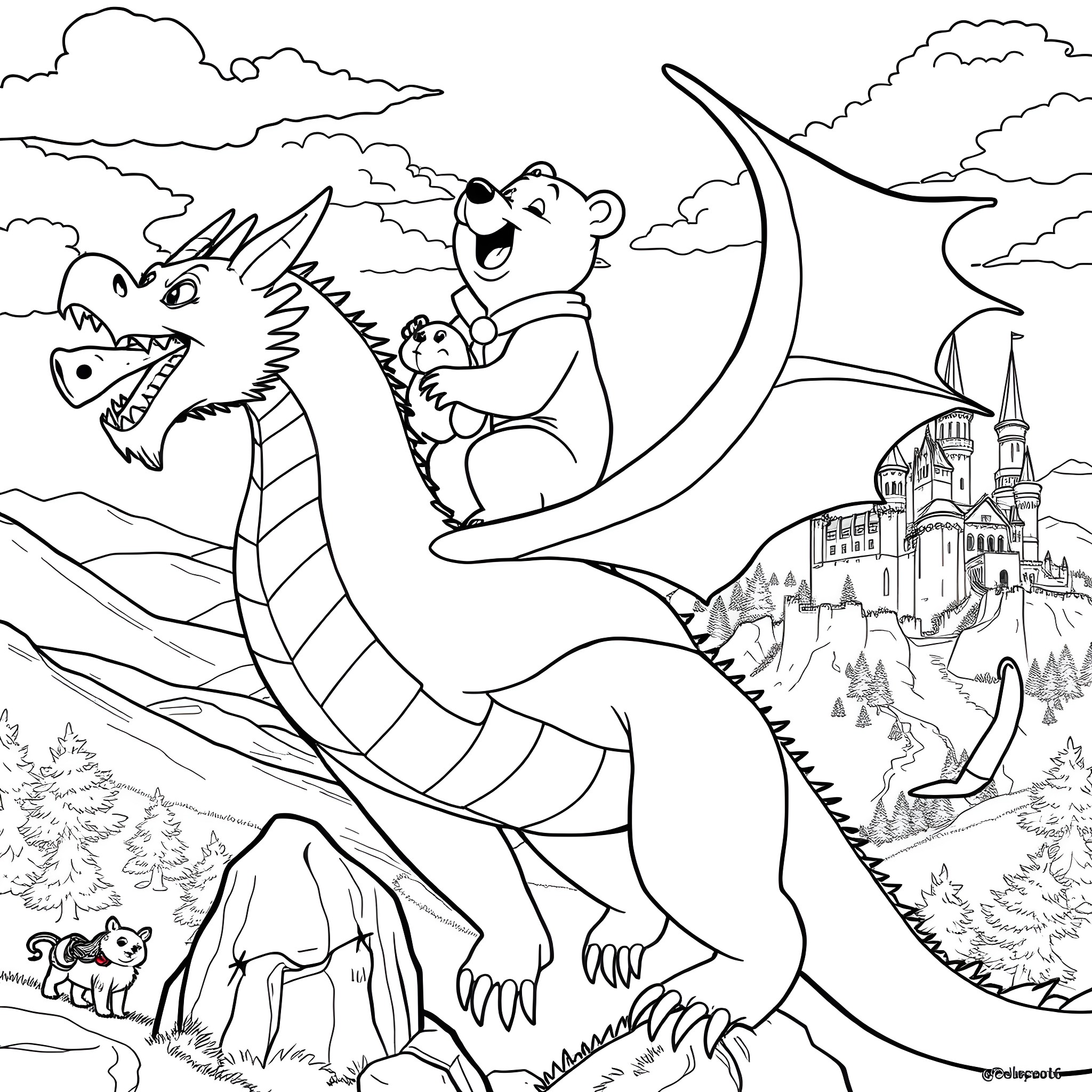 Bear riding a dragon over a fantasy castle Coloring Page (free black-and-white line drawing printable PDF for all, from beginners to advanced learners, including children, teens, adults, and seniors)