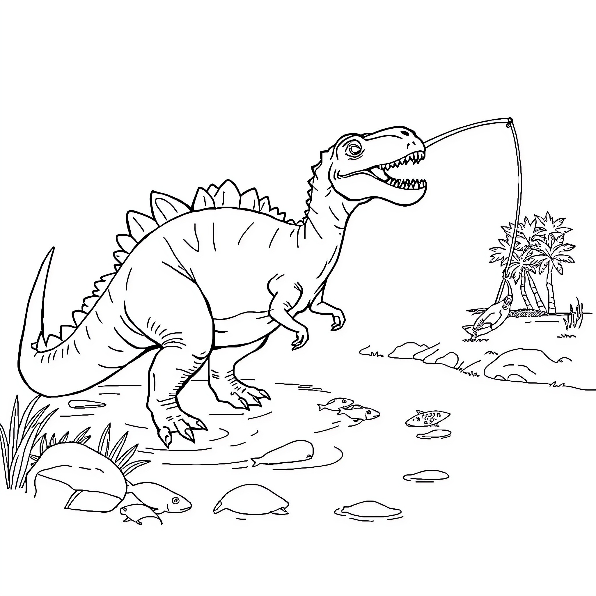 Dinosaur exploring a prehistoric landscape Coloring Page (free black-and-white line drawing printable PDF for all, from beginners to advanced learners, including children, teens, adults, and seniors)