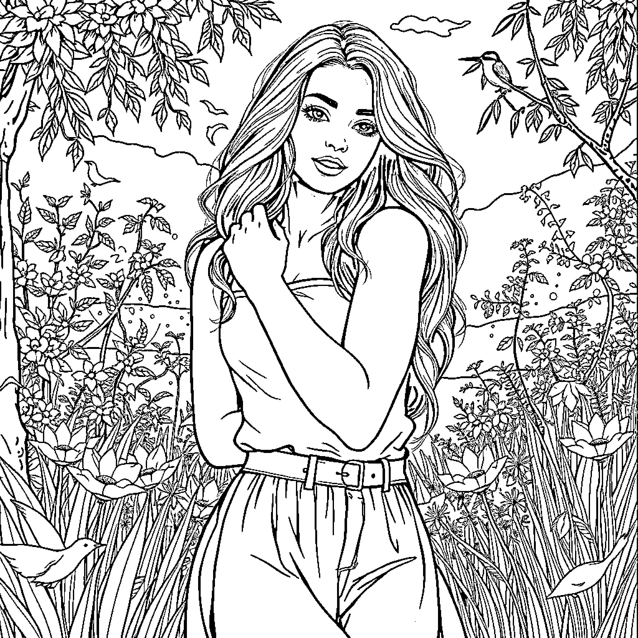 Girl in Serene Garden Surrounded by Nature Coloring Page (free black-and-white line drawing printable PDF for all, from beginners to advanced learners, including children, teens, adults, and seniors)