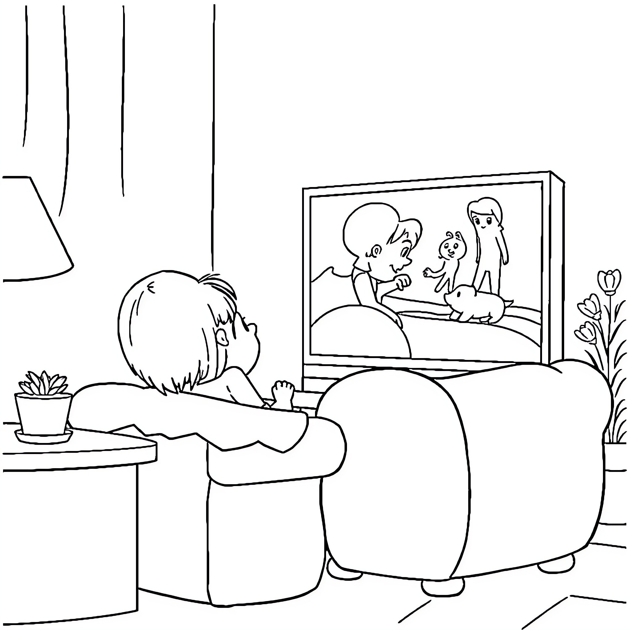 Fille watching television in living room Coloring Page (free black-and-white line drawing printable PDF for all, from beginners to advanced learners, including children, teens, adults, and seniors)