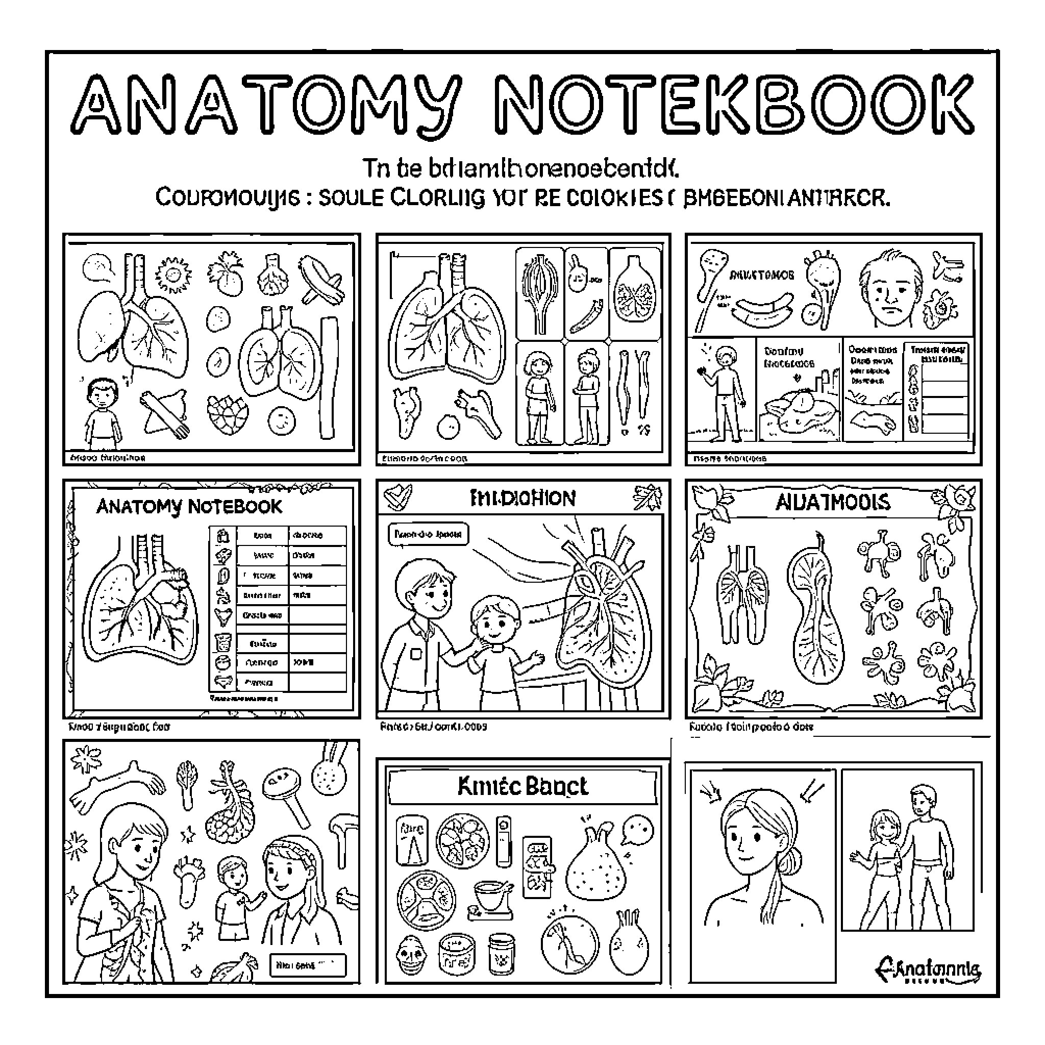 Anatomy Notebook Exploring Human Body Systems Coloring Page (free black-and-white line drawing printable PDF for all, from beginners to advanced learners, including children, teens, adults, and seniors)
