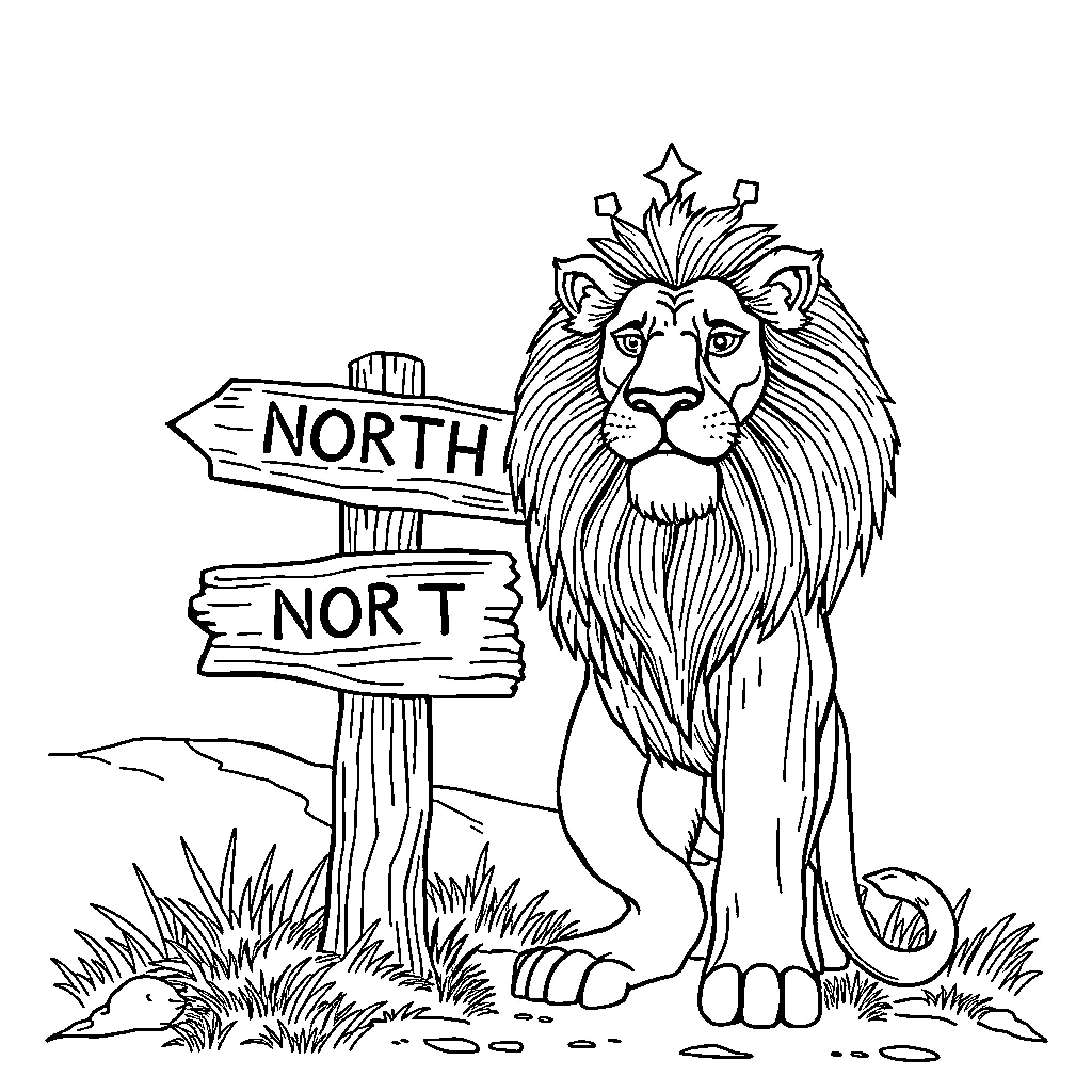 Lion standing by directional signs Coloring Page (free black-and-white line drawing printable PDF for all, from beginners to advanced learners, including children, teens, adults, and seniors)