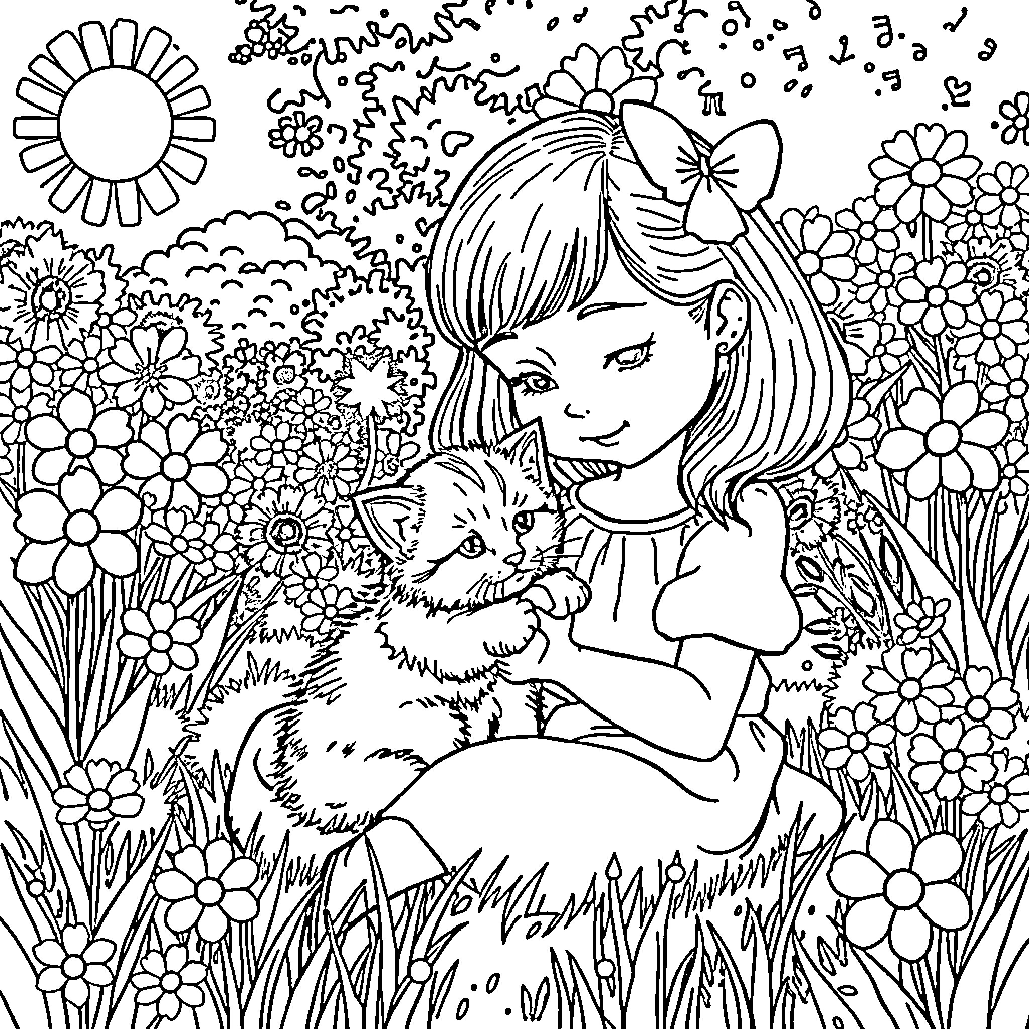 Girl playing happily with a kitten in a floral garden Coloring Page (free black-and-white line drawing printable PDF for all, from beginners to advanced learners, including children, teens, adults, and seniors)