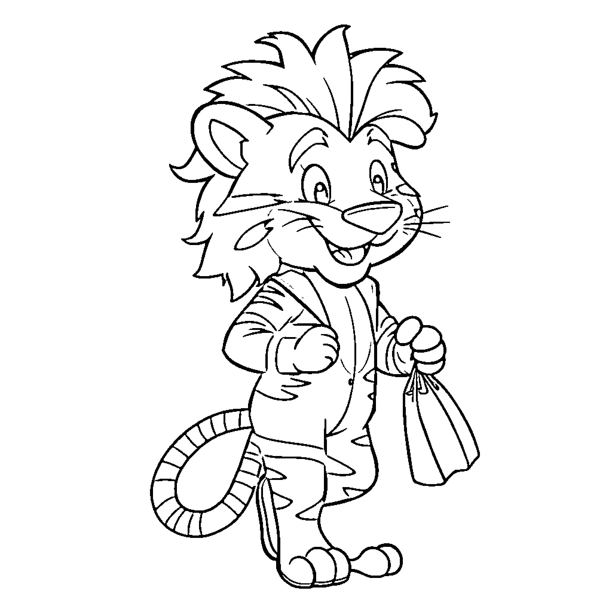 Tiger with shopping bag happily walking Coloring Page (free black-and-white line drawing printable PDF for all, from beginners to advanced learners, including children, teens, adults, and seniors)