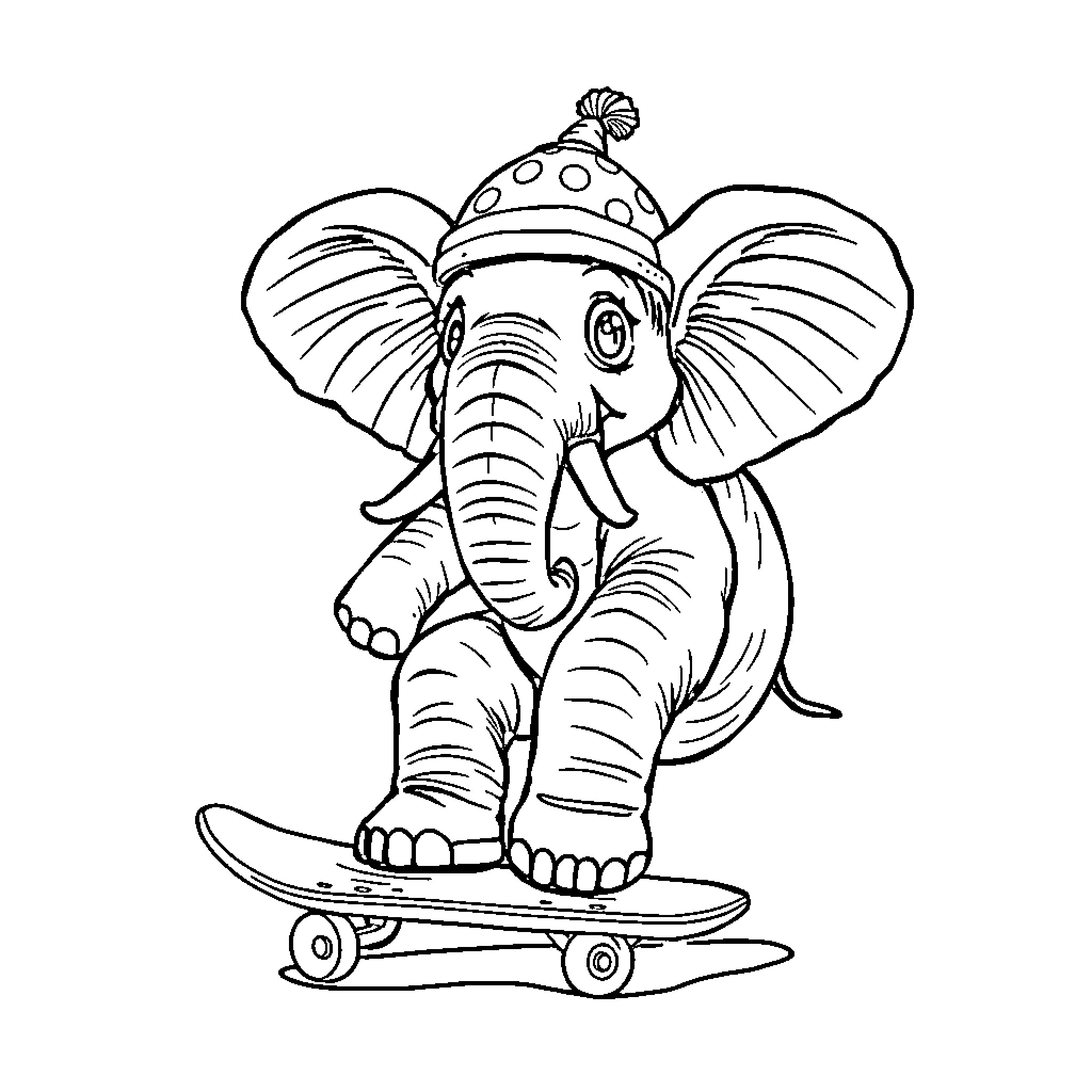 Elephant riding a skateboard happily Coloring Page (free black-and-white line drawing printable PDF for all, from beginners to advanced learners, including children, teens, adults, and seniors)