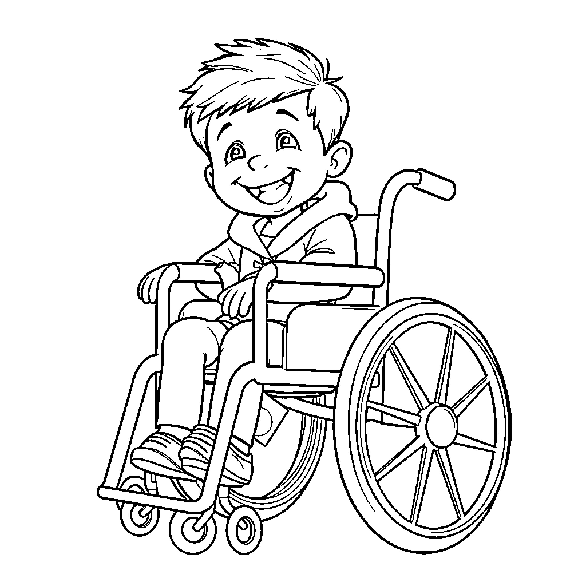 Kid in wheelchair with a smile Coloring Page (free black-and-white line drawing printable PDF for all, from beginners to advanced learners, including children, teens, adults, and seniors)