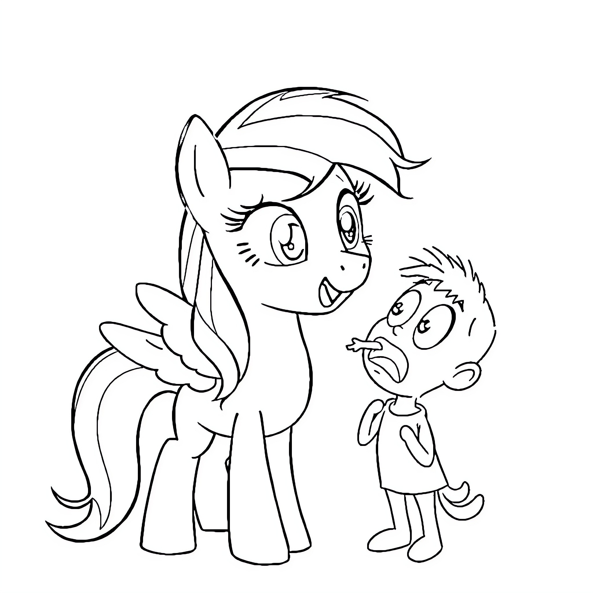 Rainbow Dash comforting a worried child Coloring Page (free black-and-white line drawing printable PDF for all, from beginners to advanced learners, including children, teens, adults, and seniors)
