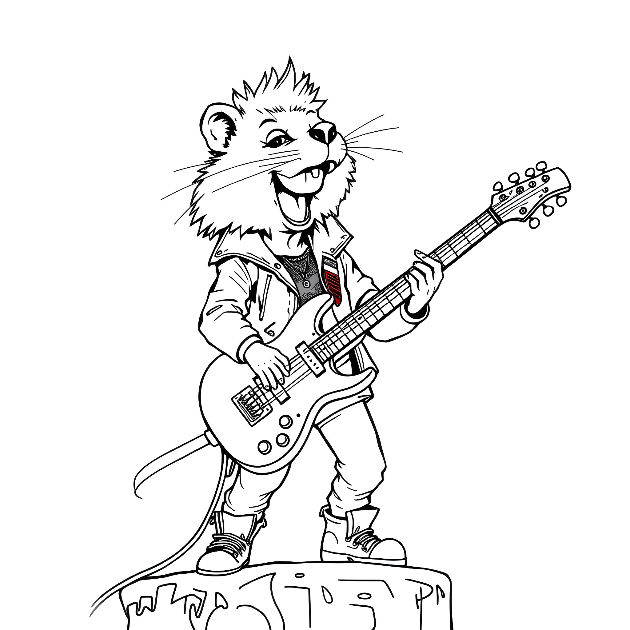 Beaver playing electric guitar on stage Coloring Page (free black-and-white line drawing printable PDF for all, from beginners to advanced learners, including children, teens, adults, and seniors)