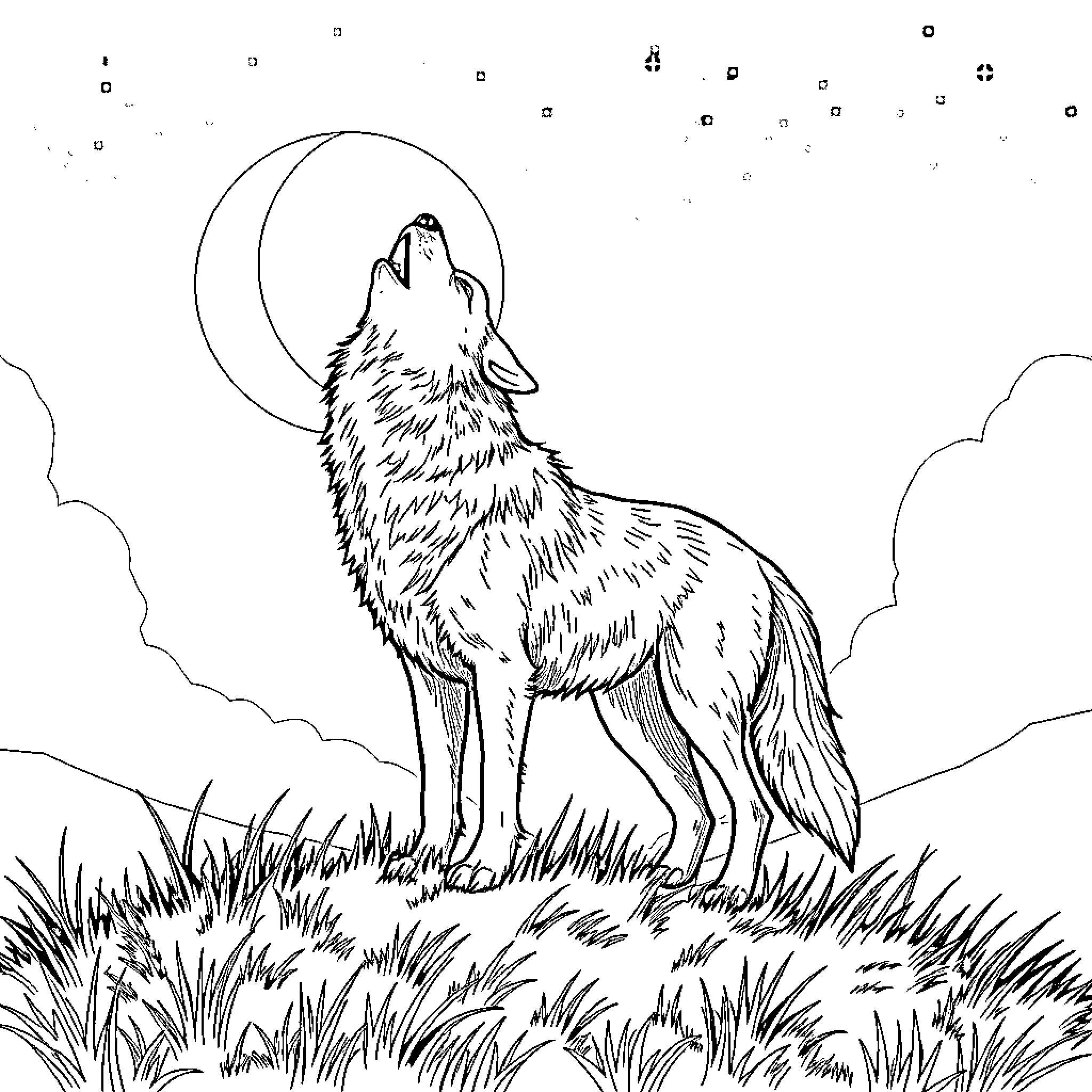 Wolf howling at the moon in the wilderness Coloring Page (free black-and-white line drawing printable PDF for all, from beginners to advanced learners, including children, teens, adults, and seniors)