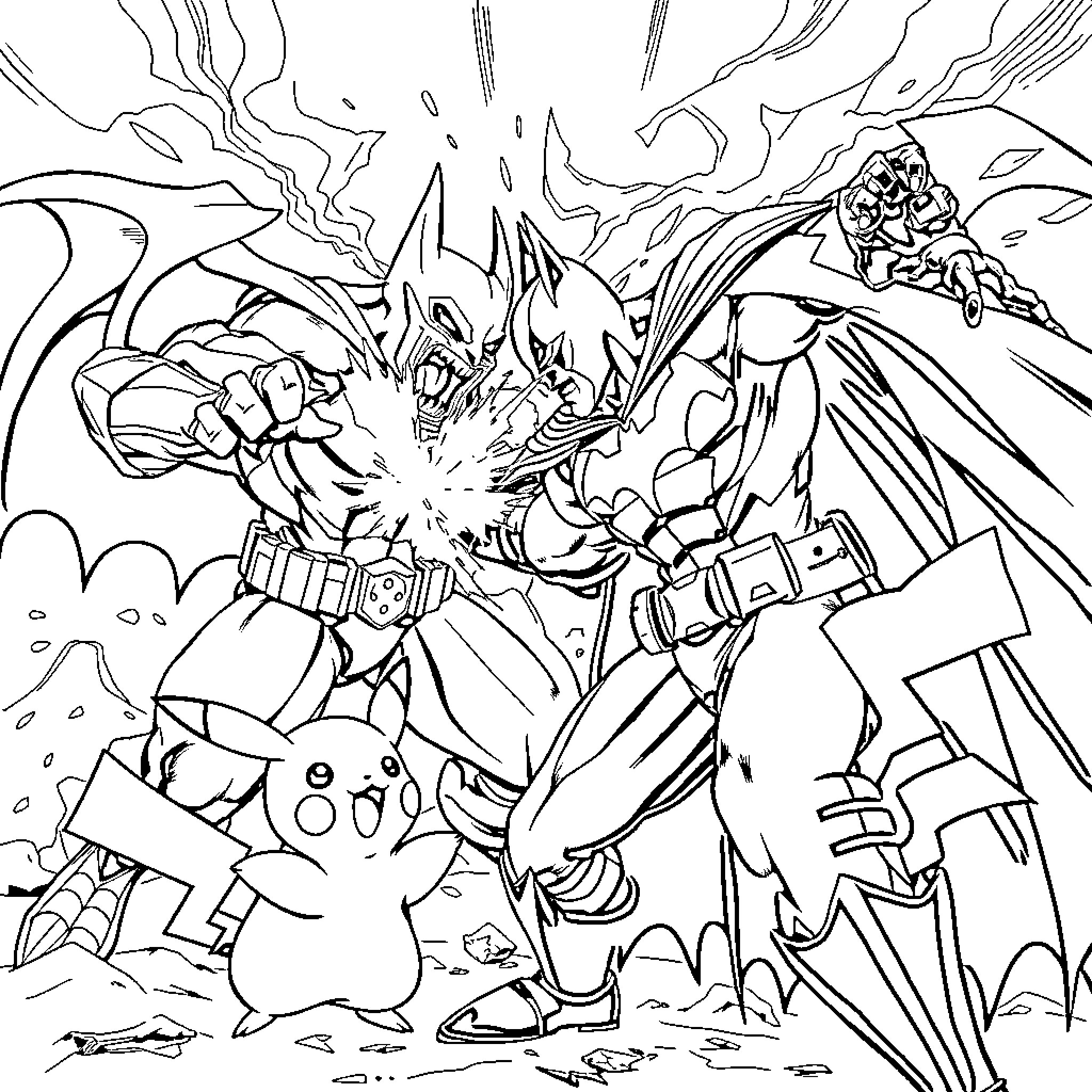 Batman Battling Powerful Foes in Intense Showdown Coloring Page (free black-and-white line drawing printable PDF for all, from beginners to advanced learners, including children, teens, adults, and seniors)