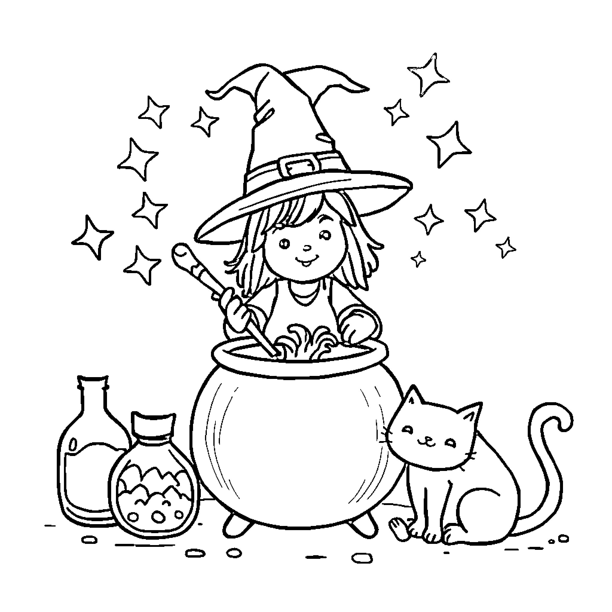 Witch making magic with a cat in the cauldron Coloring Page (free black-and-white line drawing printable PDF for all, from beginners to advanced learners, including children, teens, adults, and seniors)
