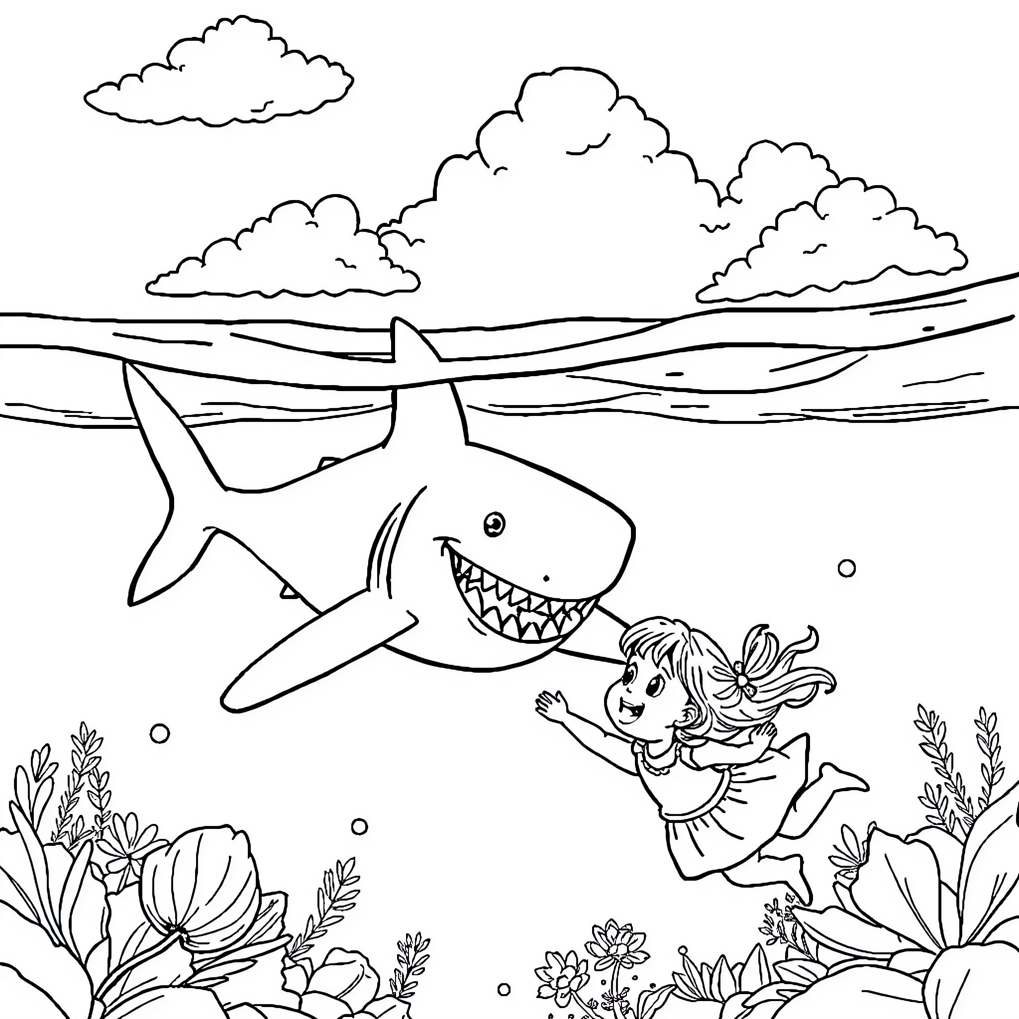 Shark chasing girl in underwater adventure Coloring Page (free black-and-white line drawing printable PDF for all, from beginners to advanced learners, including children, teens, adults, and seniors)