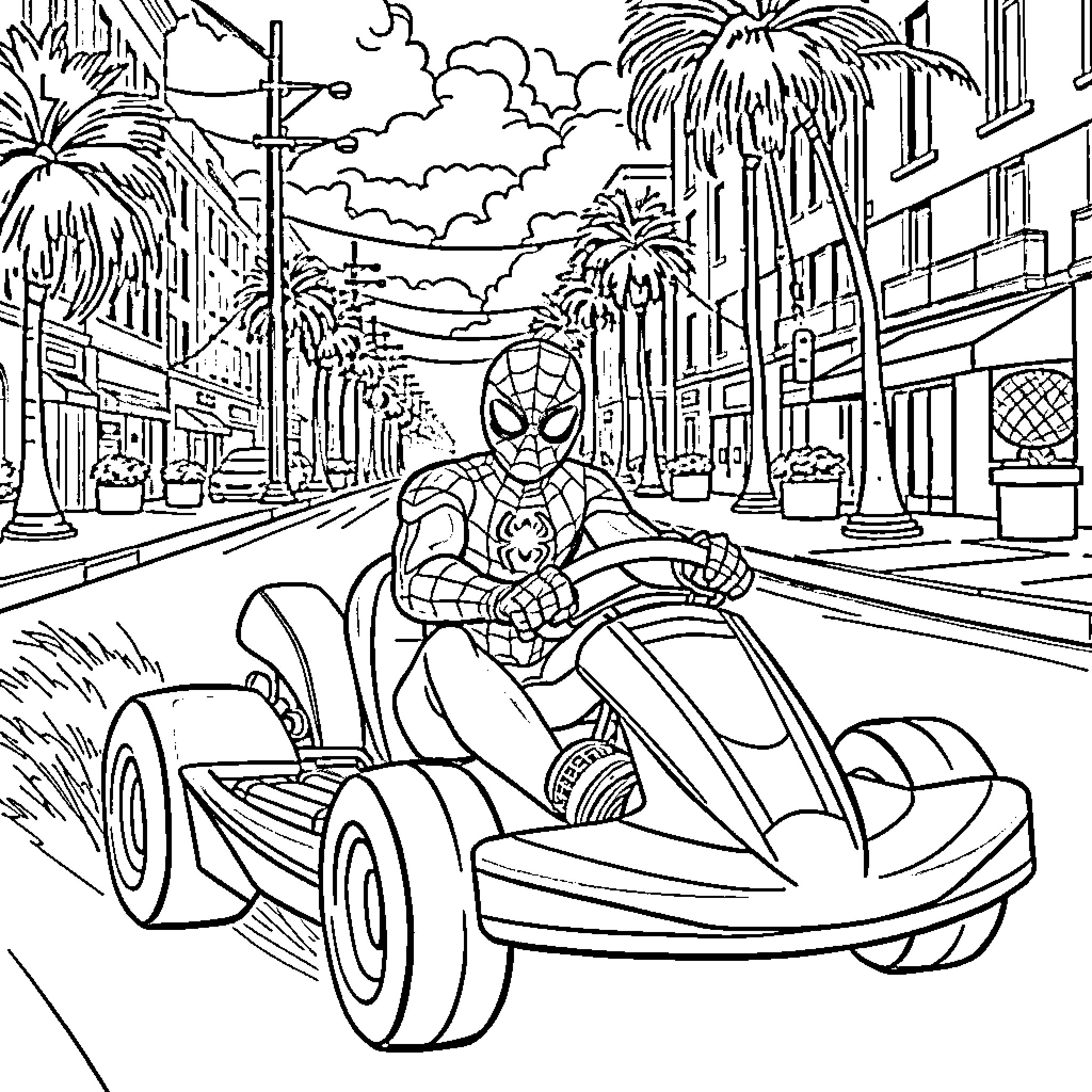 Spider-Man racing through the city streets Coloring Page (free black-and-white line drawing printable PDF for all, from beginners to advanced learners, including children, teens, adults, and seniors)