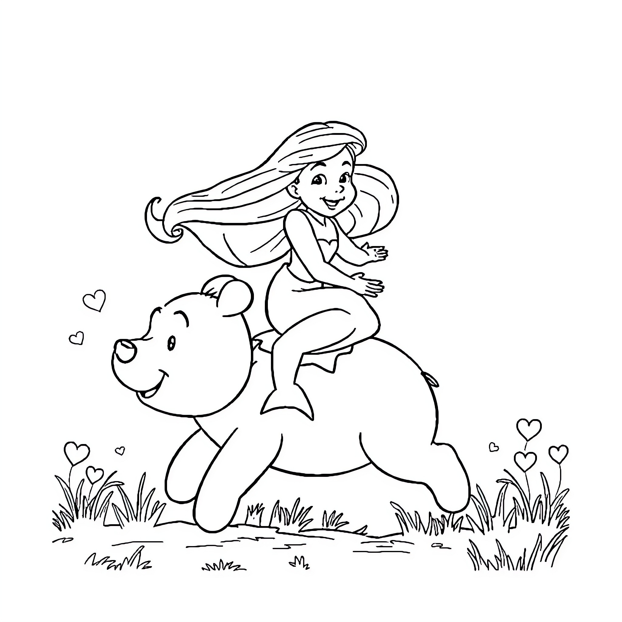 Ariel riding a friendly bear in a grassy field Coloring Page (free black-and-white line drawing printable PDF for all, from beginners to advanced learners, including children, teens, adults, and seniors)