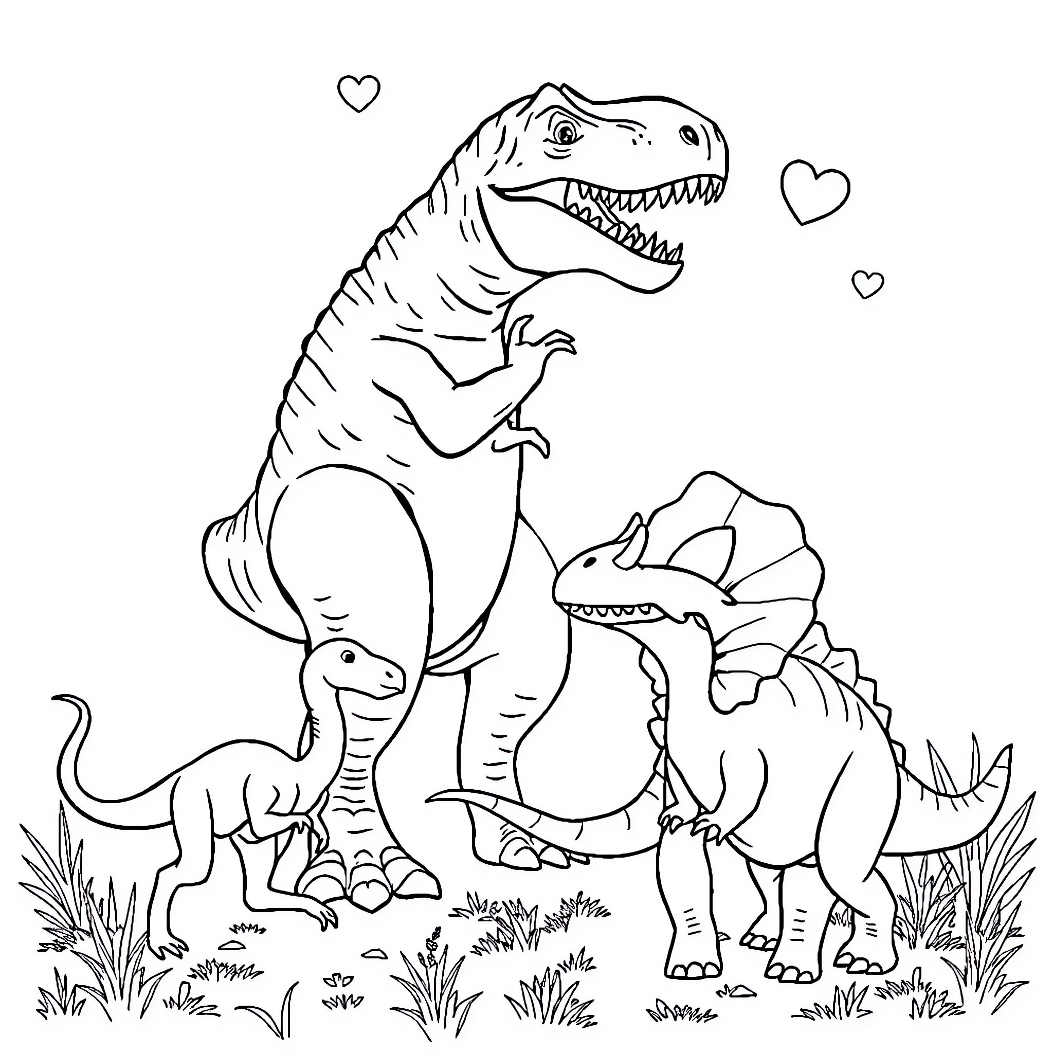 Dinosaurs playing affectionately in the wild Coloring Page (free black-and-white line drawing printable PDF for all, from beginners to advanced learners, including children, teens, adults, and seniors)