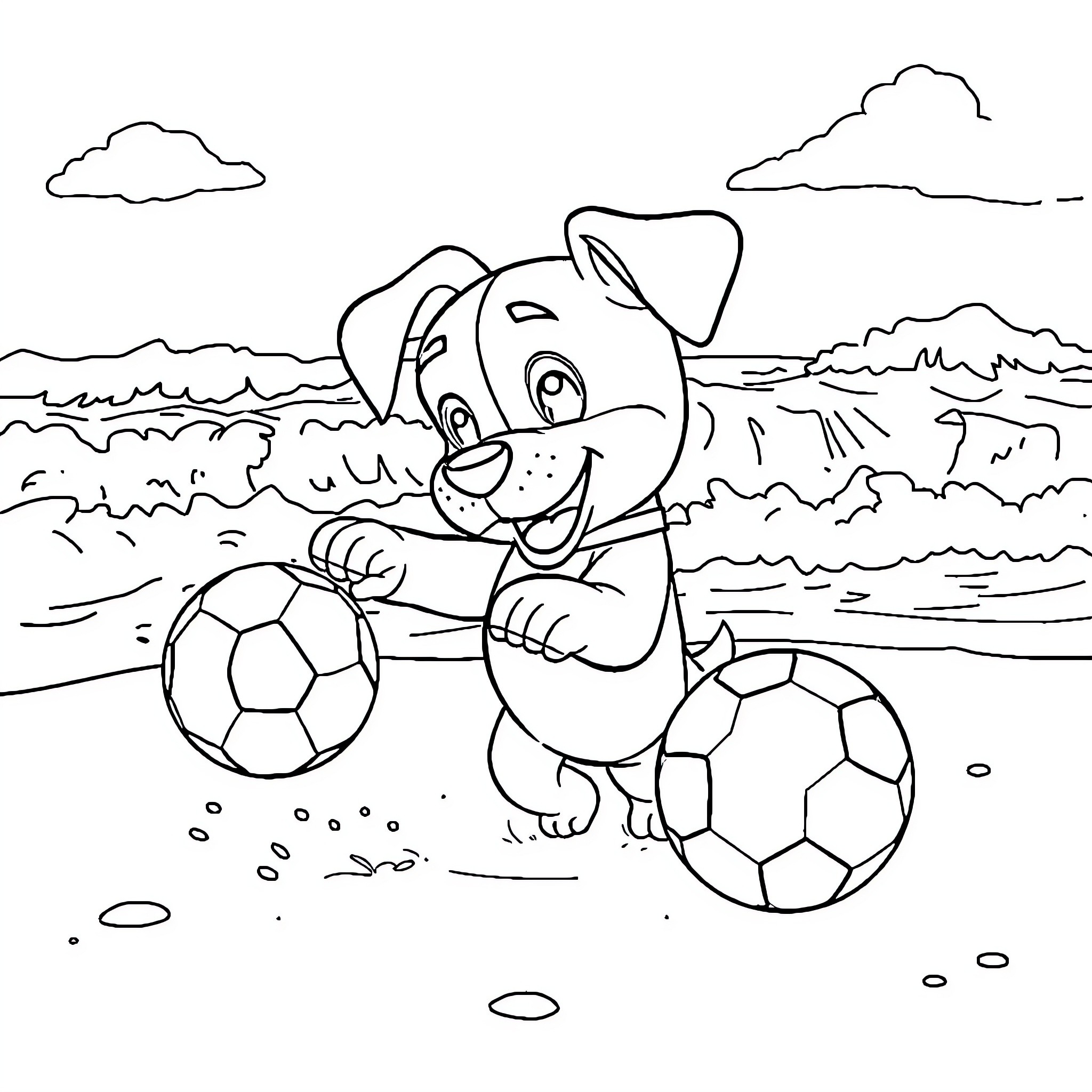 Rubble playing with soccer balls in the park Coloring Page (free black-and-white line drawing printable PDF for all, from beginners to advanced learners, including children, teens, adults, and seniors)