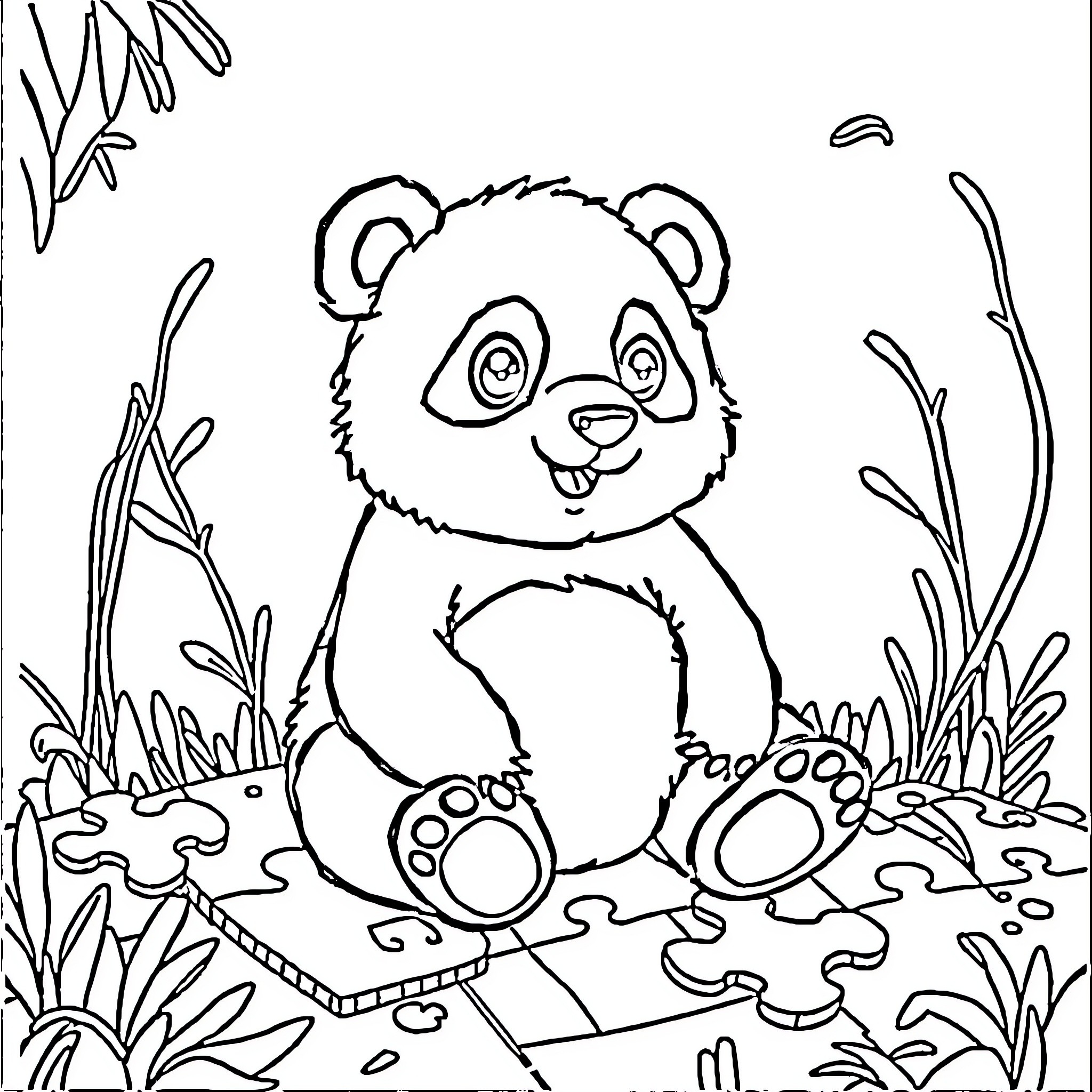 Panda playing in the forest Coloring Page (free black-and-white line drawing printable PDF for all, from beginners to advanced learners, including children, teens, adults, and seniors)