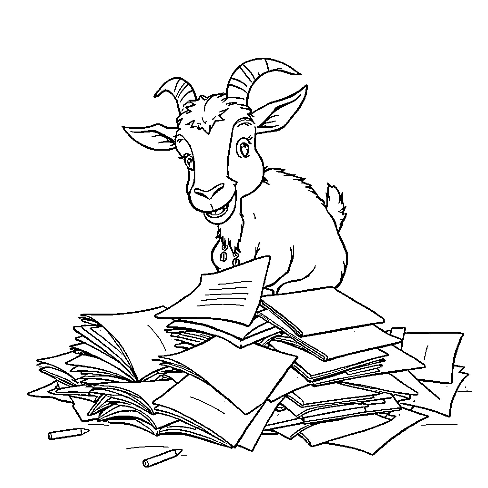 Goat reading books in a pile of books Coloring Page (free black-and-white line drawing printable PDF for all, from beginners to advanced learners, including children, teens, adults, and seniors)